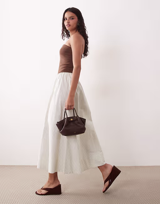 YAS bandeau contrast pinstripe maxi dress in brown and white