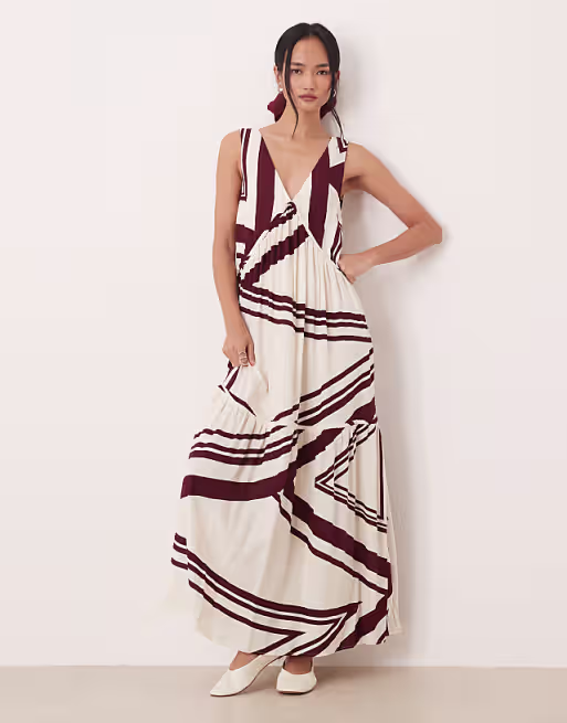 v neck trapeze tiered maxi dress in chocolate and cream stripe