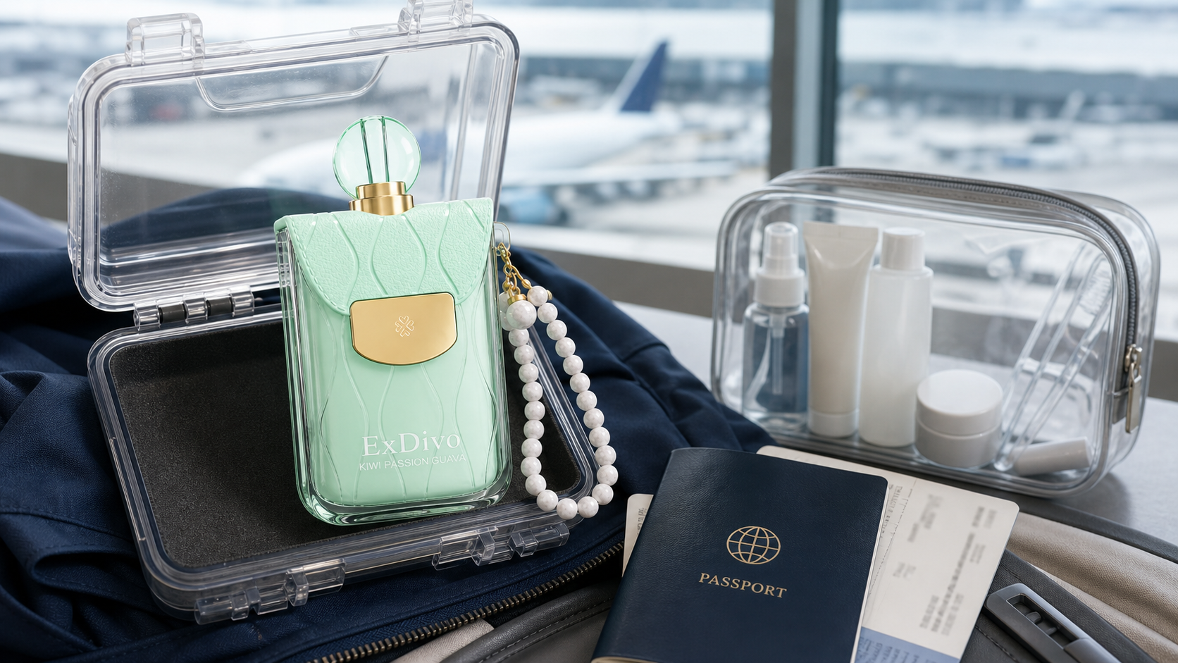 ExDivo FLORA vape secured in a protective case beside carry-on travel items