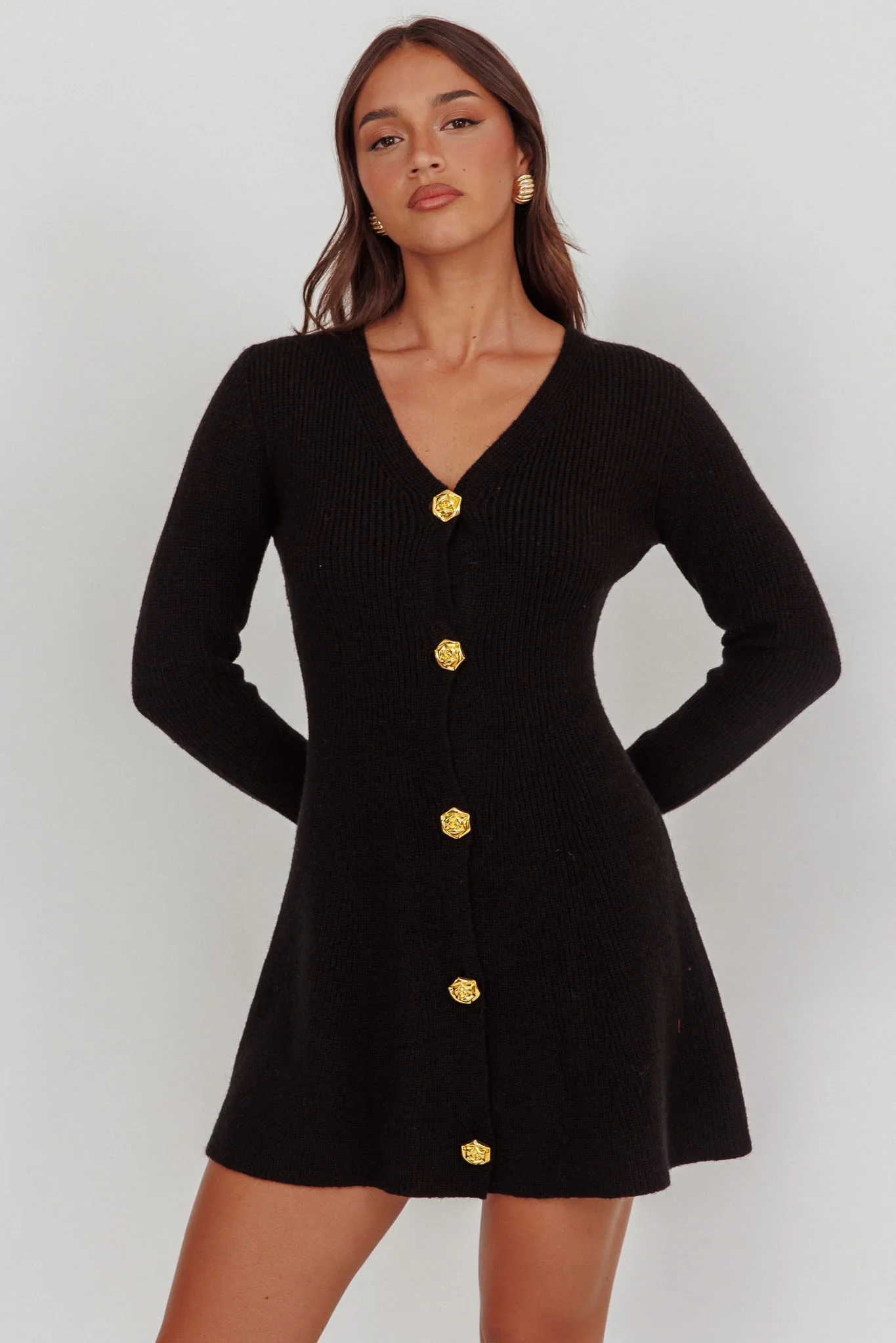 Irma Gold Button Knit Mini Dress Black