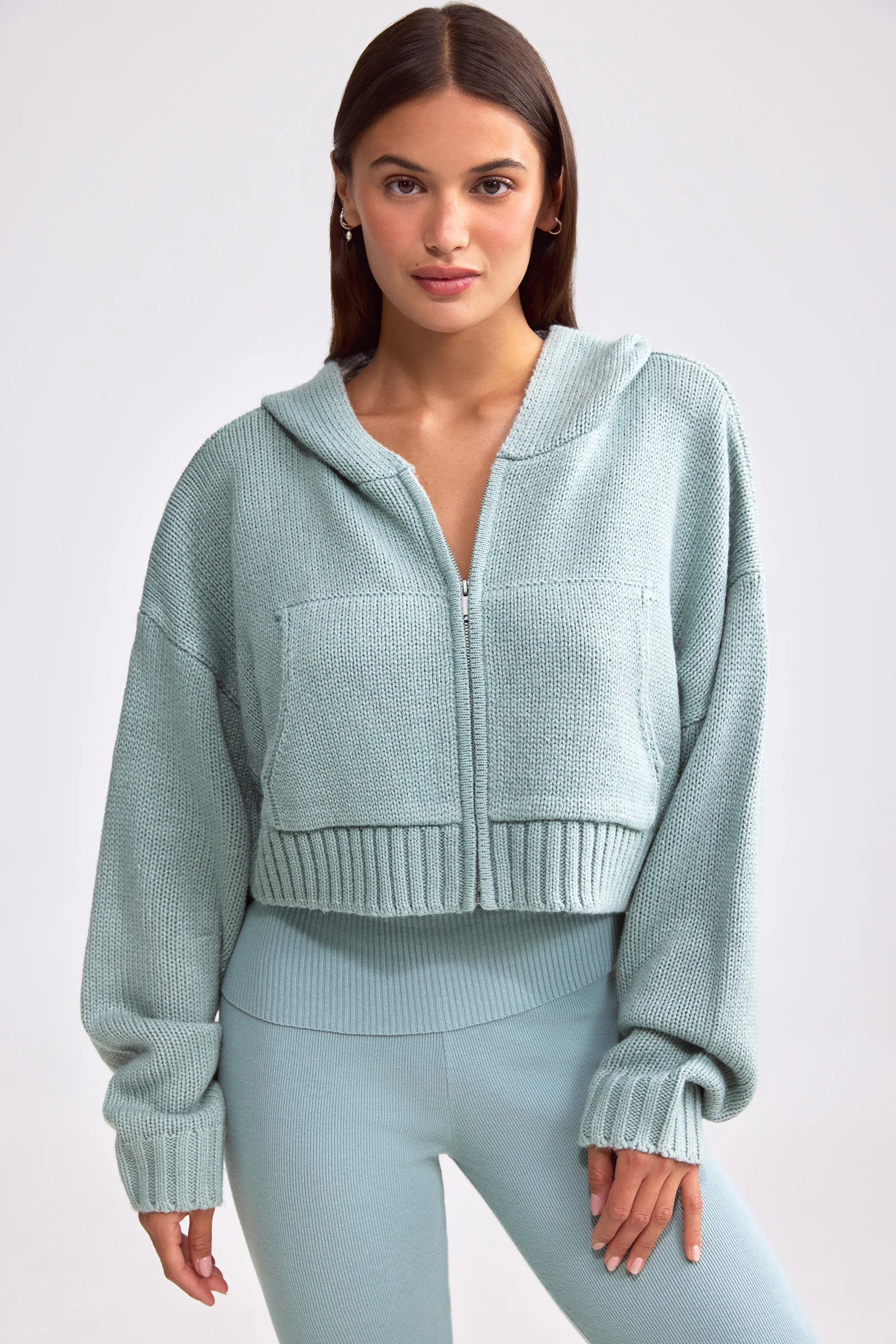 Chunky Knit Zip-Up Cropped Hoodie in Dusty Teal
