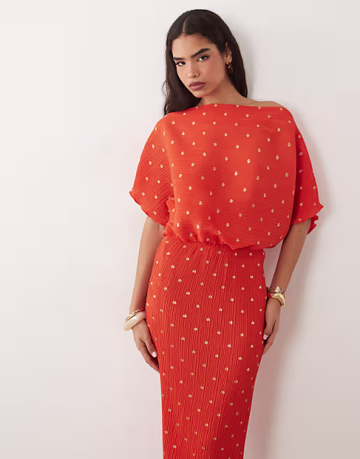 Never Fully Dressed Tilly off shoulder plisse maxi dress in red
