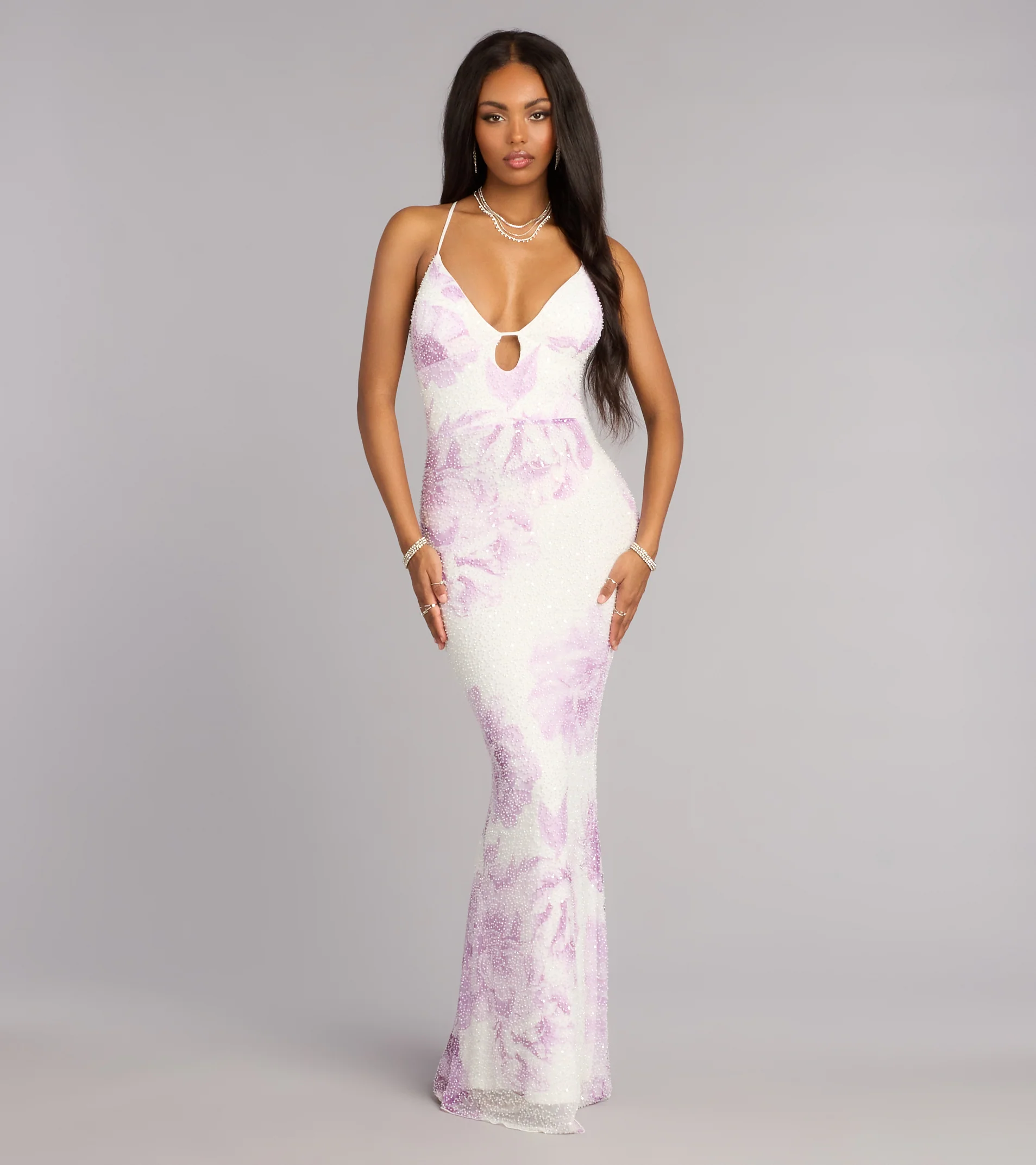 Camren Beaded Floral Lace-Up Mermaid Dress