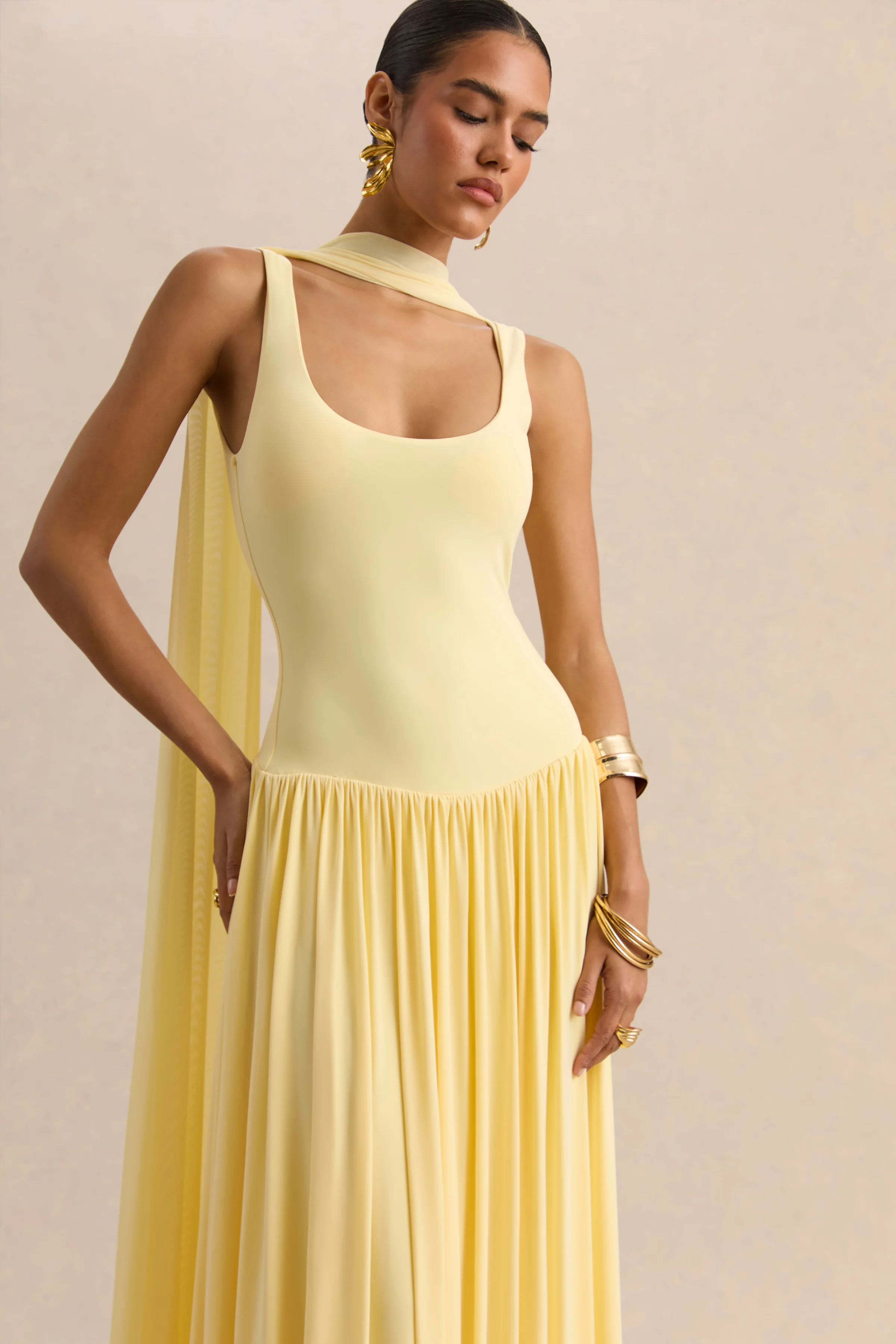 Aurina | Lemon Square-Neck Maxi Dress With Scarf-Detail