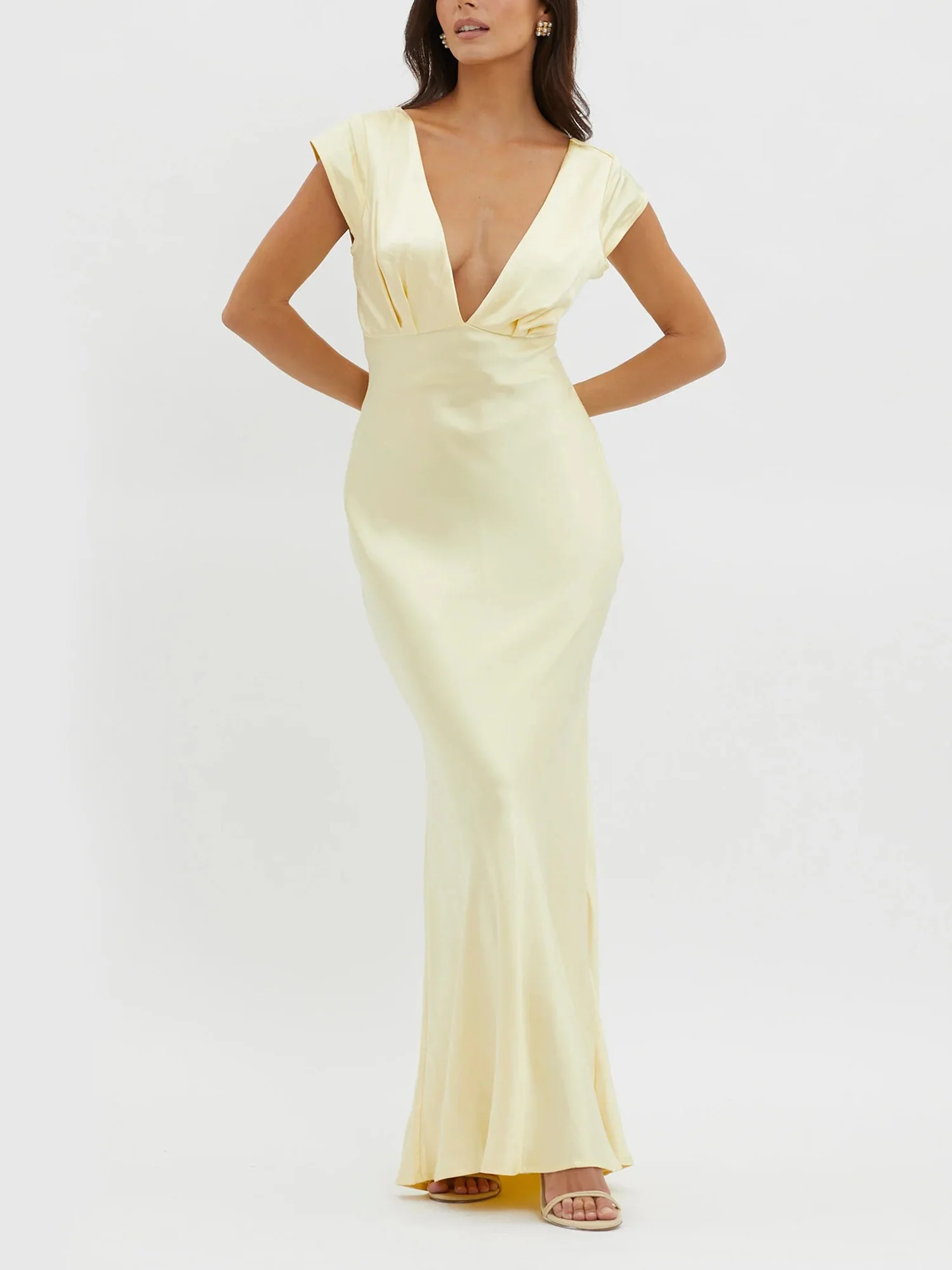 Lemon Cream Plunge Neck Maxi Dress