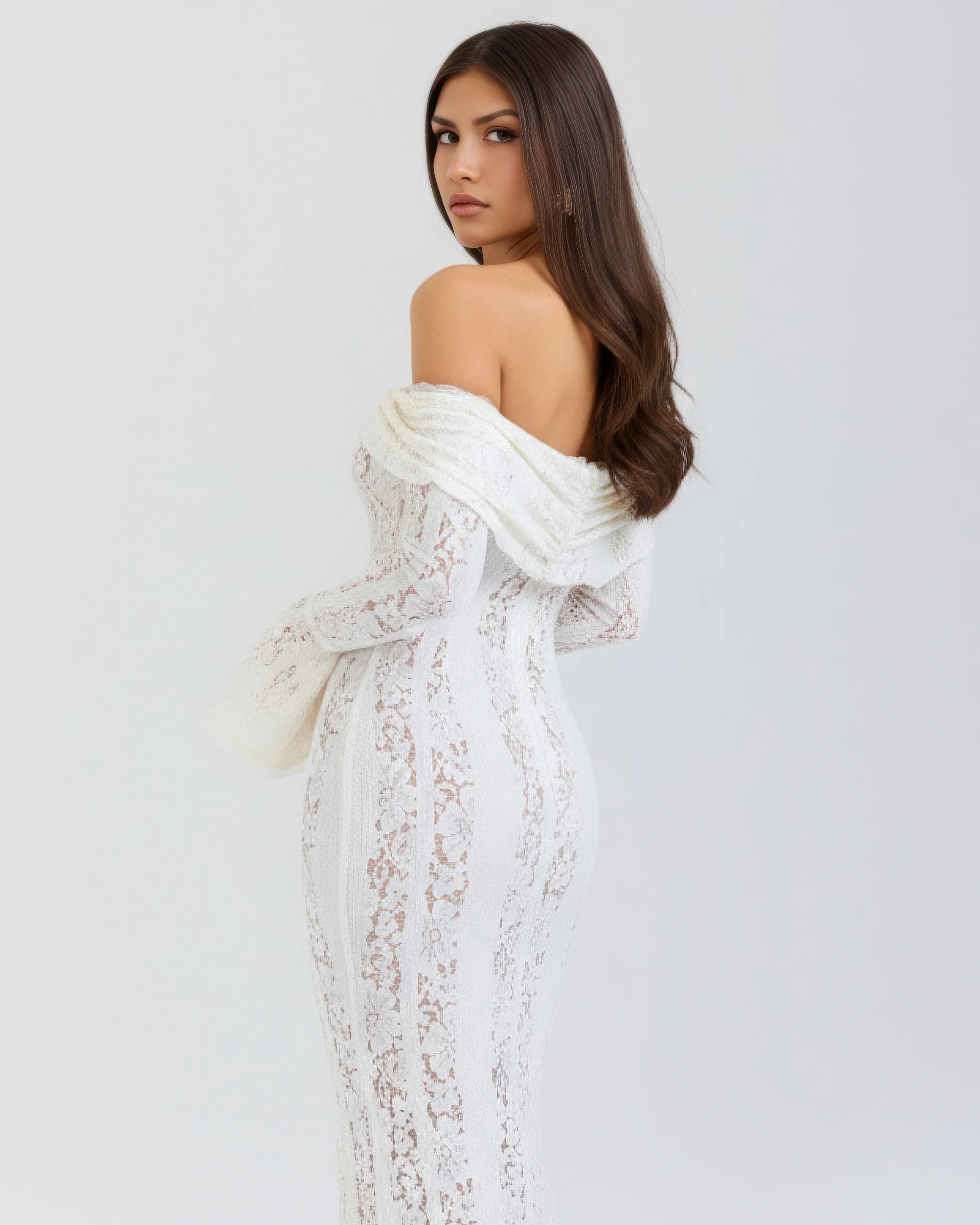 White Lace Maxi Dress with Off-Shoulder Neckline & Sweeping Godet