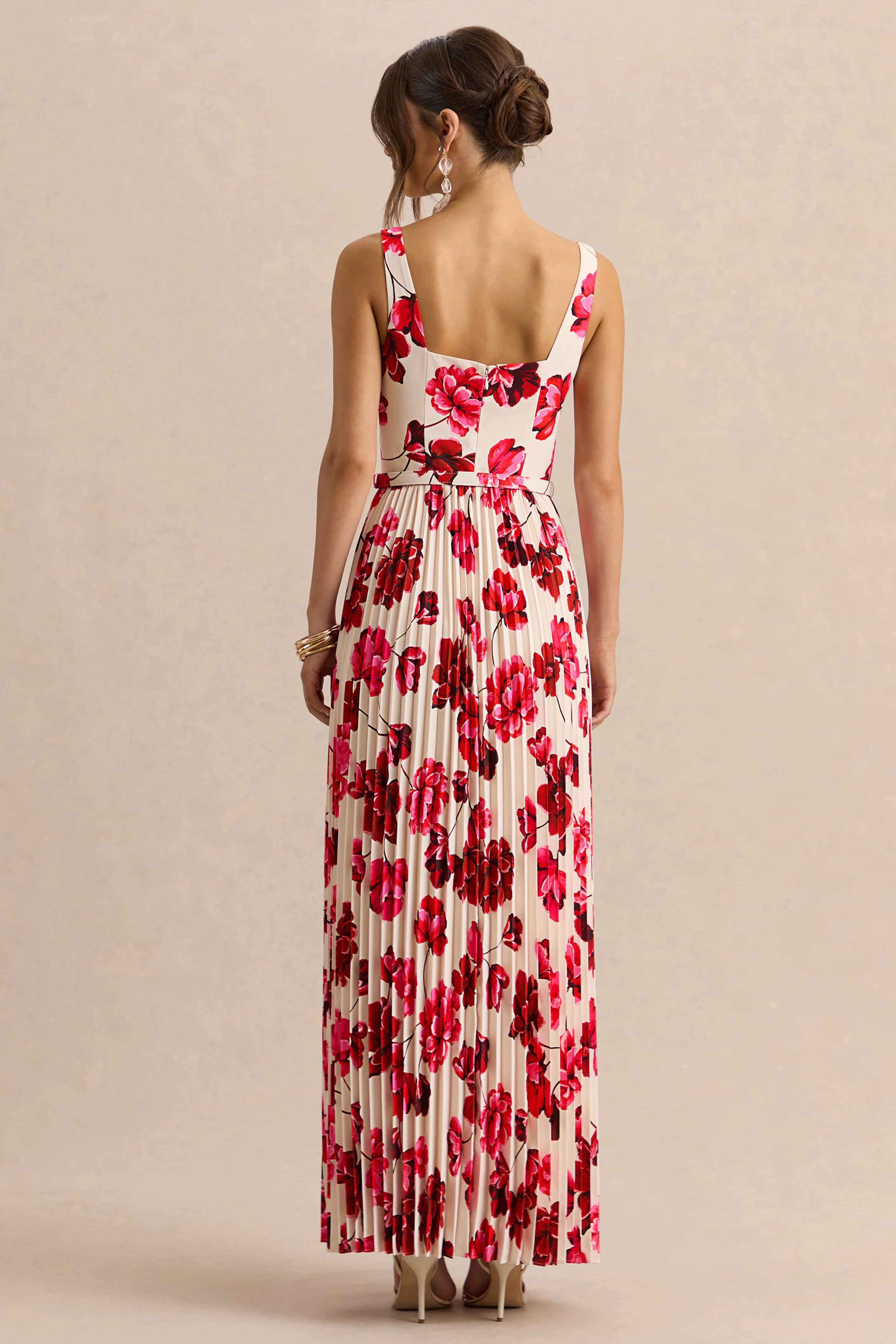 Danika | Hot Pink Floral Print Square-Neck Belted Maxi Dress With Pleated Skirt