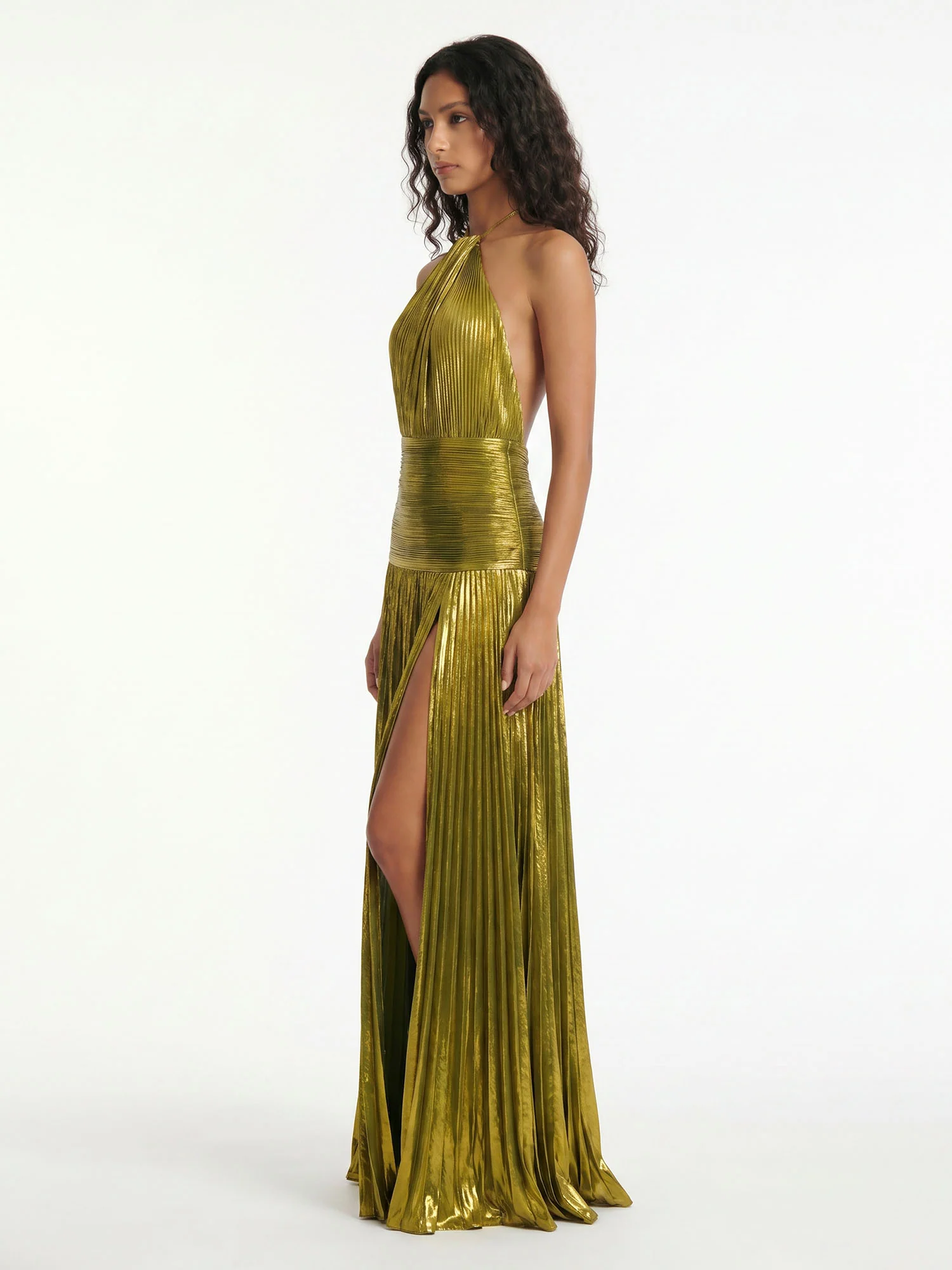 Olive Pleated Halter Maxi Dress