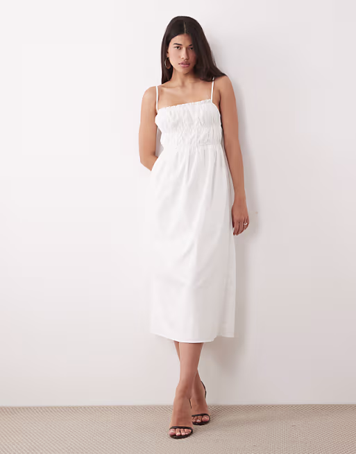Kaiia exclusive cotton shirred bust detail midi dress in white