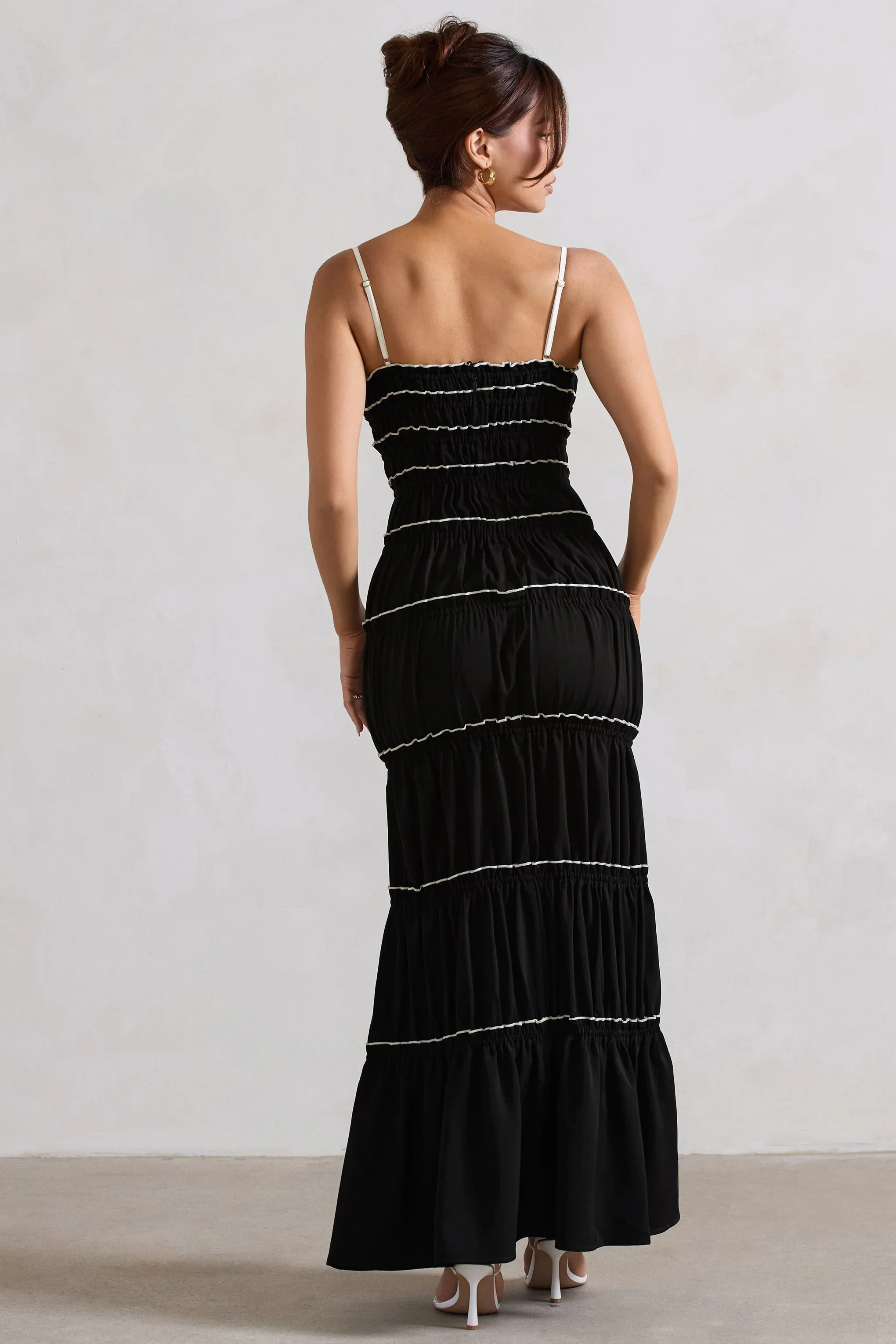 Summer Breeze | Black Strappy Gathered Tiered Maxi Dress