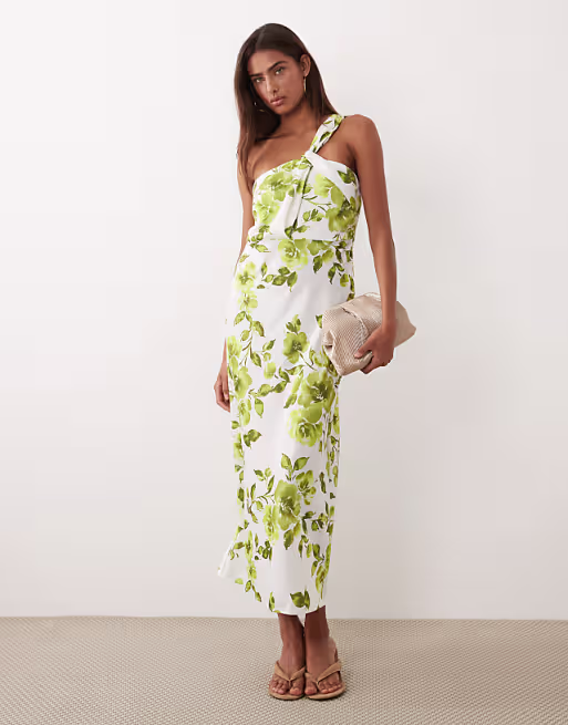 YAS one-shoulder satin maxi dress in blue and green floral print