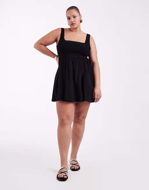 Curve Selina textured cotton shirred beach mini sundress in black