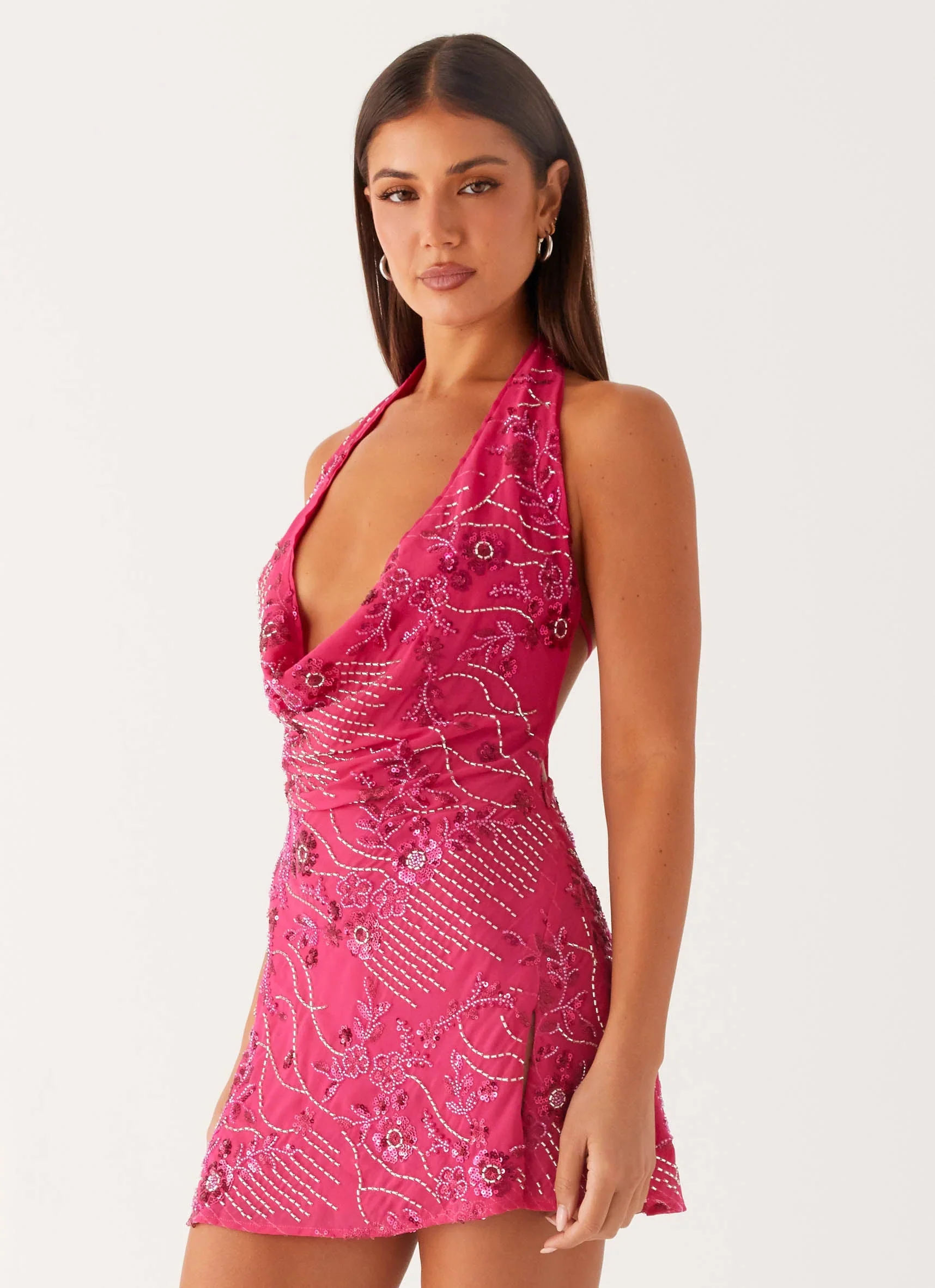 Cinzia Beaded Mini Dress - Fuchsia