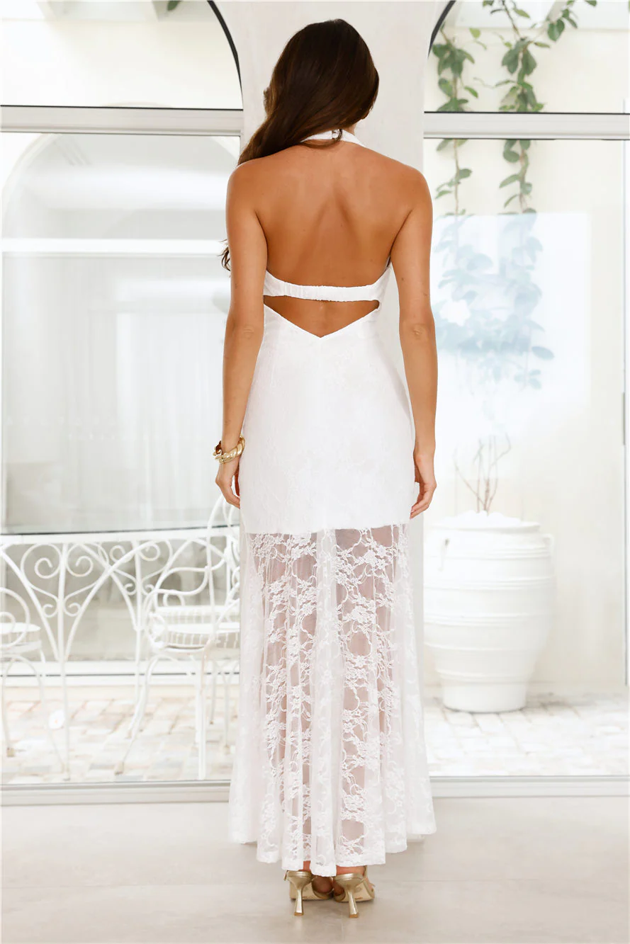 Enchanted Romance Halter Lace Maxi Dress White - luluinthesky