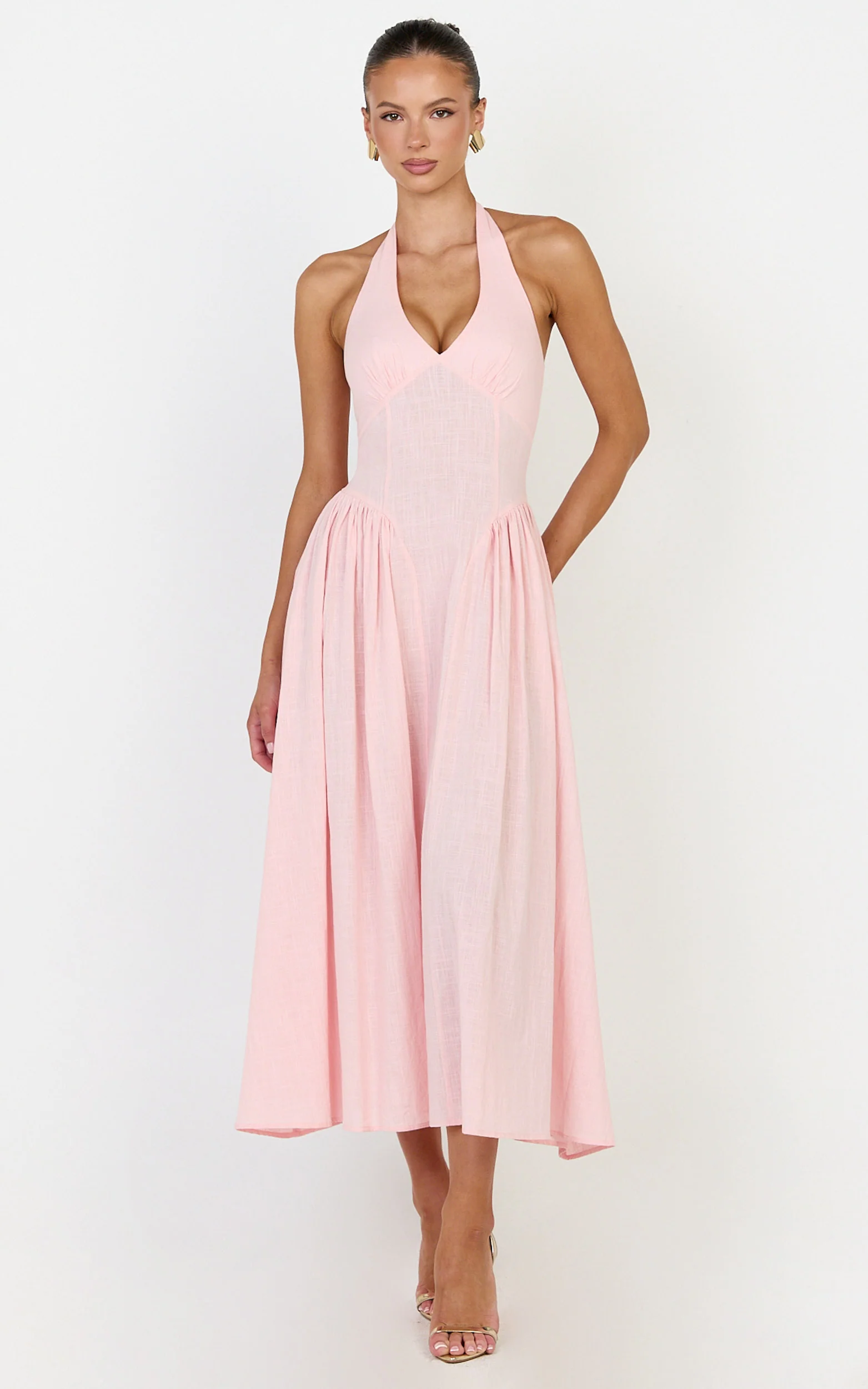 Athena Midi Dress - Halter Drop Waist Dress in Pink