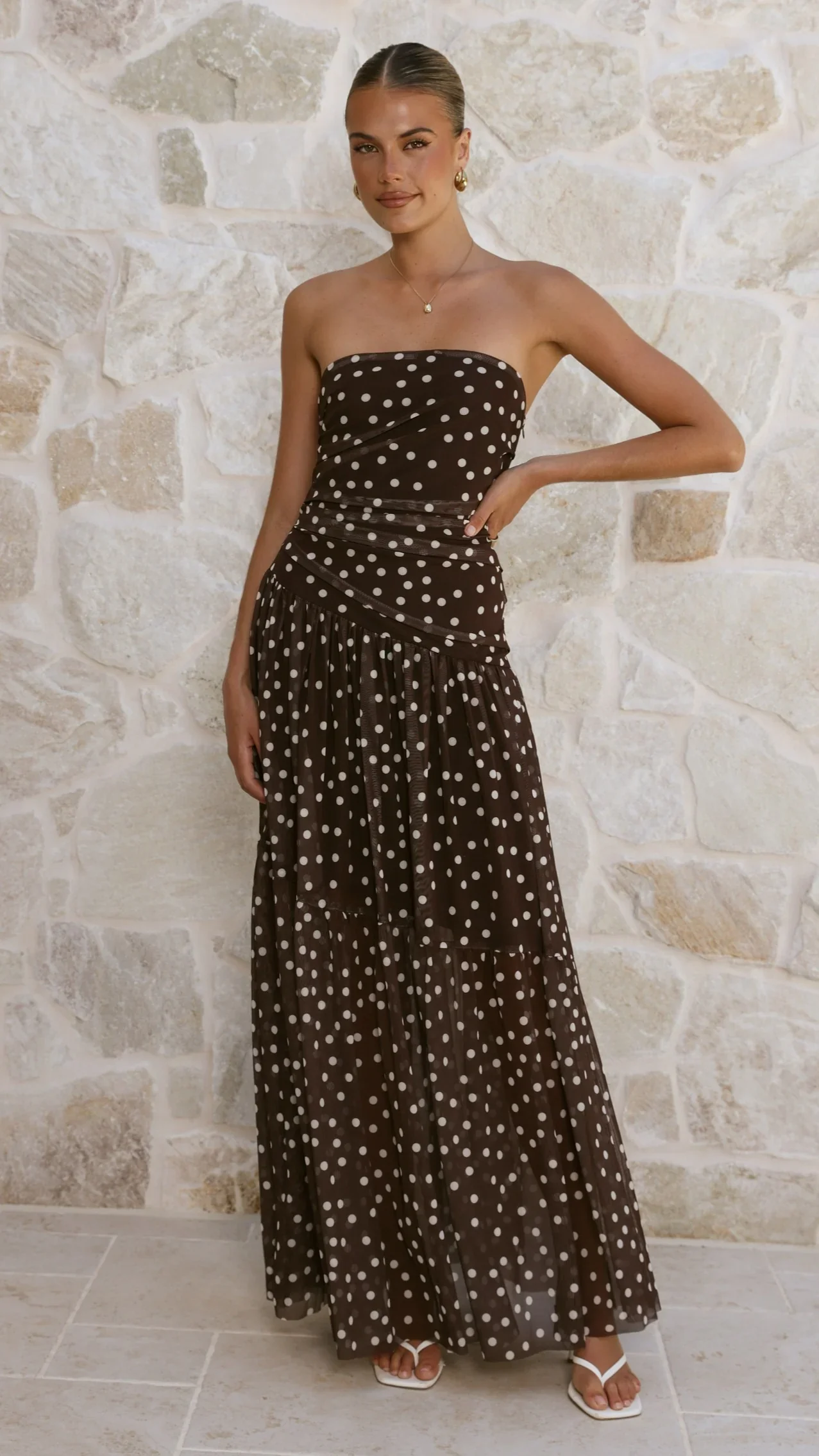 Riko Strapless Maxi Dress - Chocolate Polka