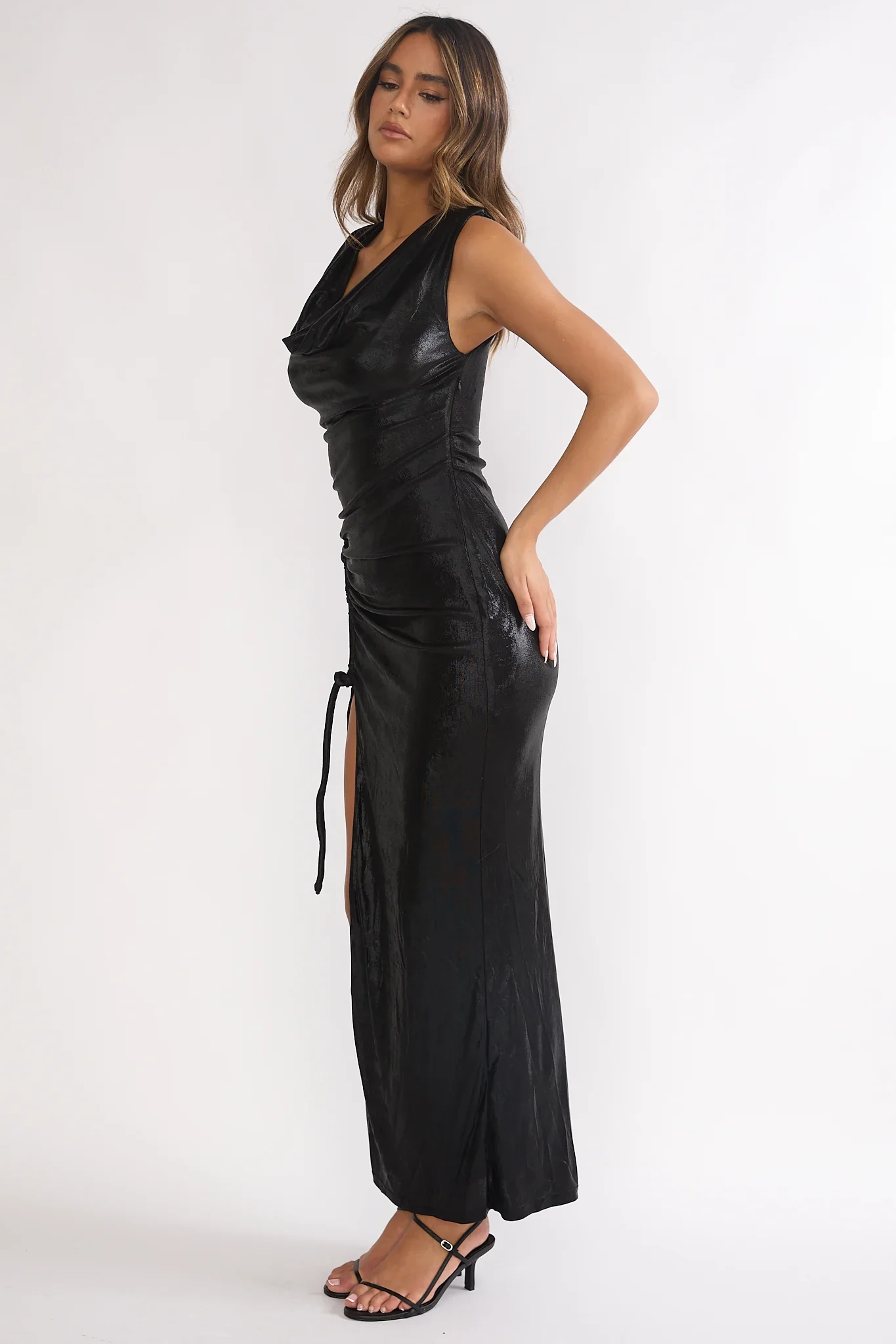 Lyrah Cowl Ruched Maxi Dress Black