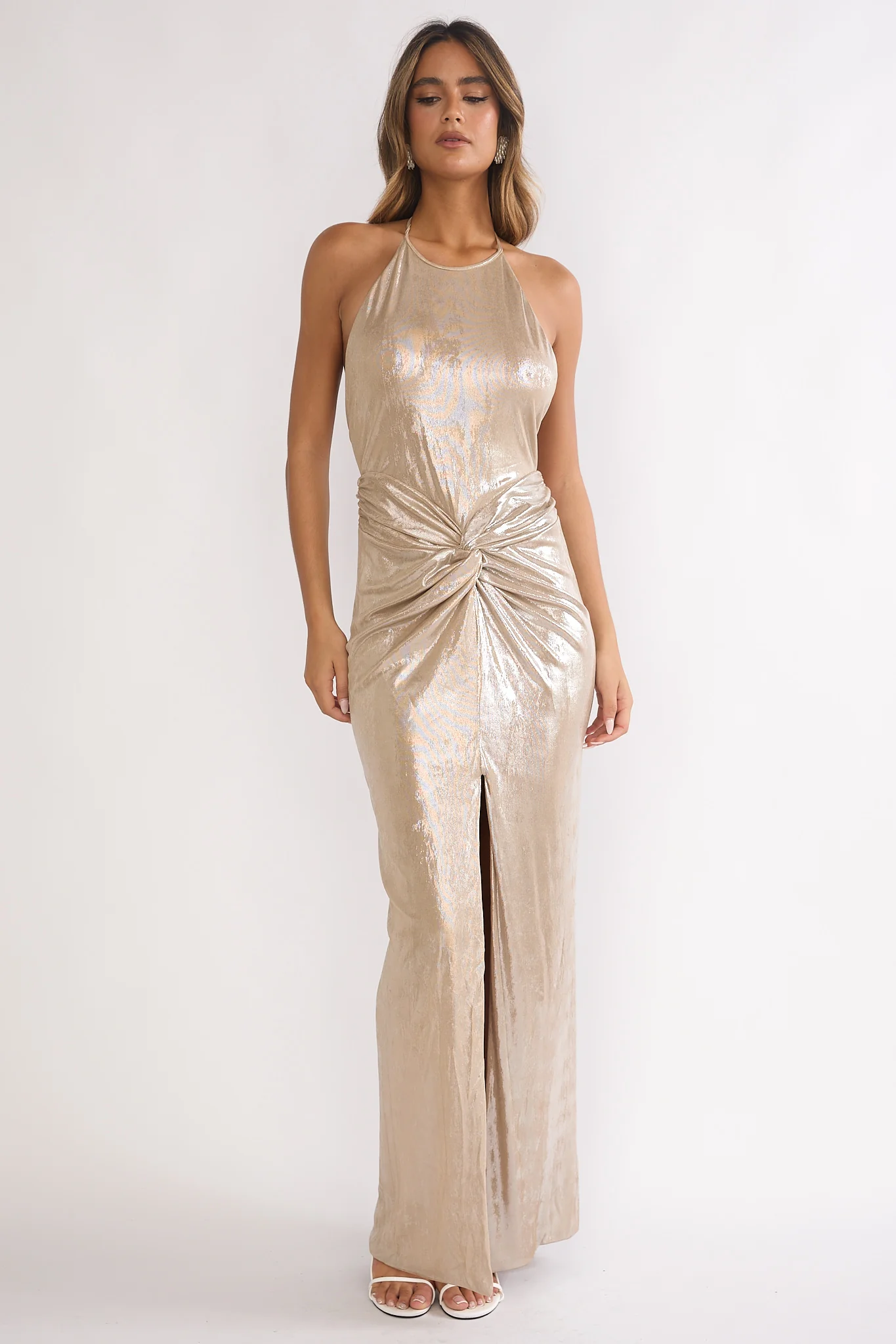 Delphinah Twist Waist Maxi Dress Champagne - luluinthesky