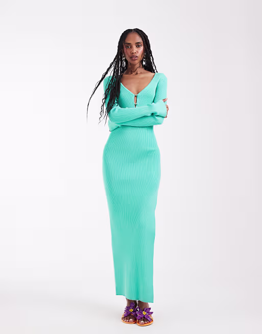 Kaiia exclusive rib knit plunge v-neck flared sleeves thigh slit maxi dress in turquoise