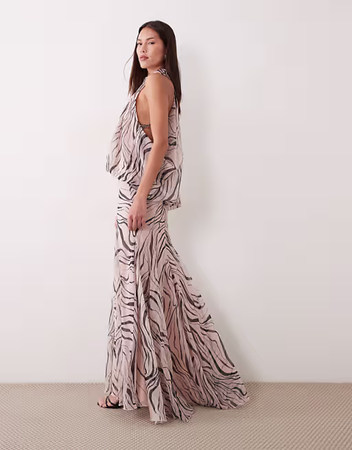 halter neck slouchy dropped waist godet maxi dress in abstract zebra