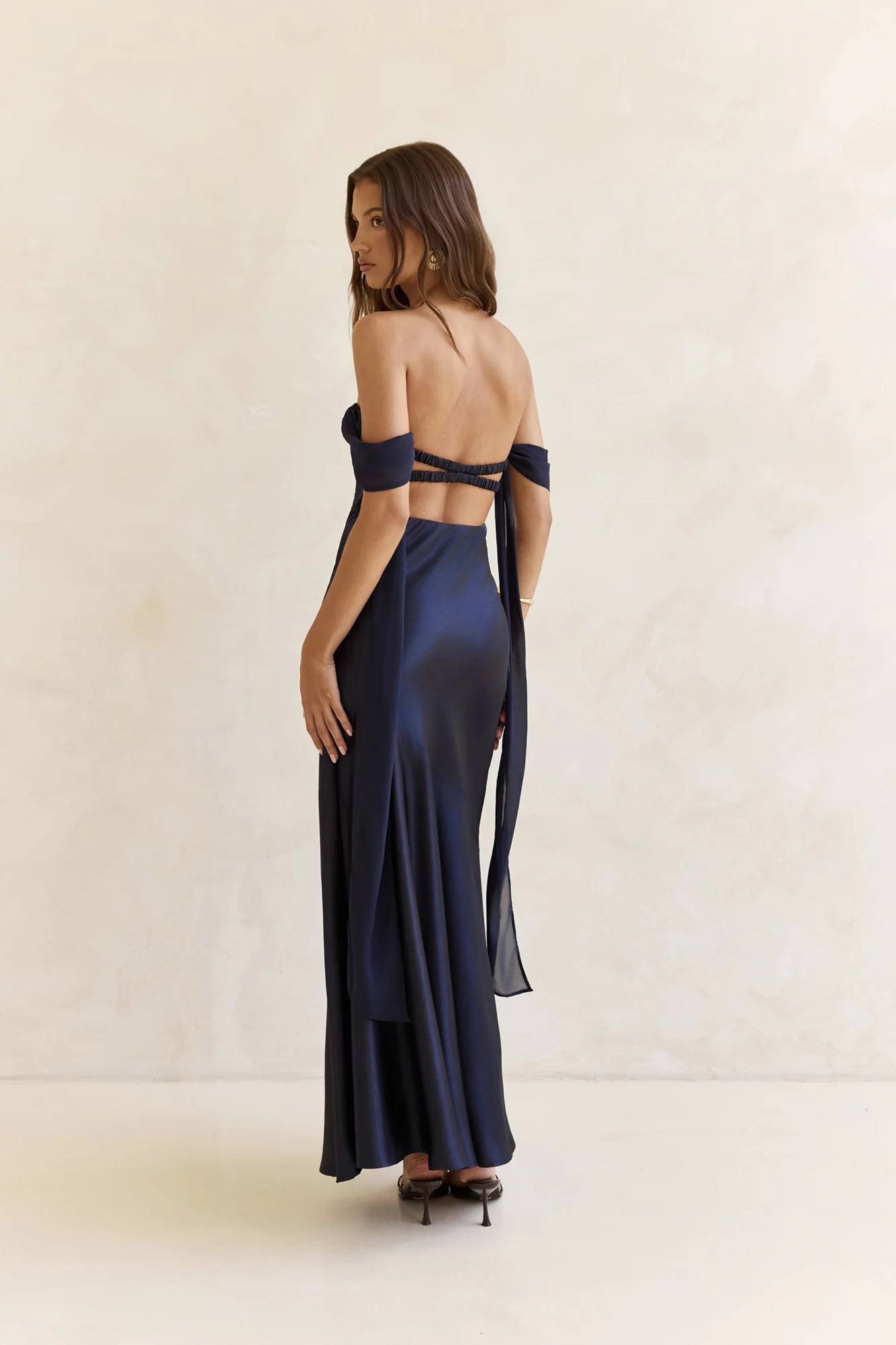 Late Night Dreams Off Shoulder Satin Maxi Dress Navy - luluinthesky
