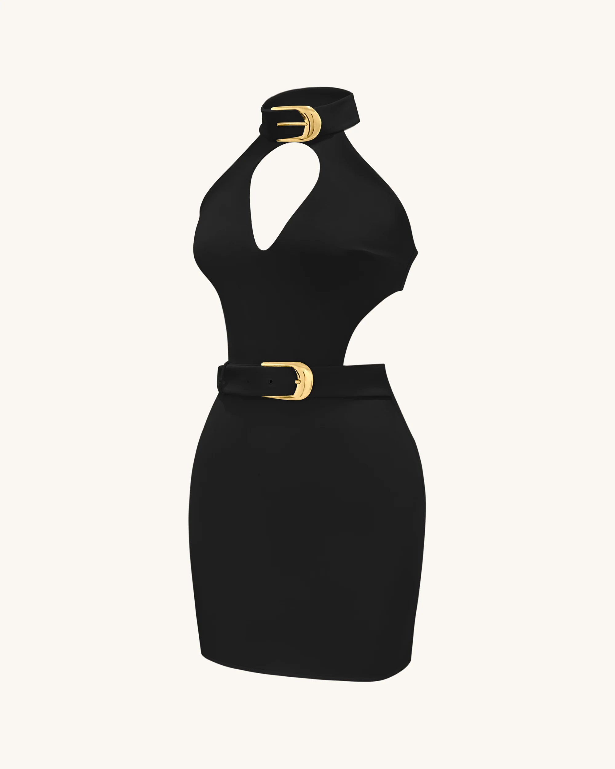 Gabriella Belted Cutout Halter Mini Dress - Black - FASHION NOB