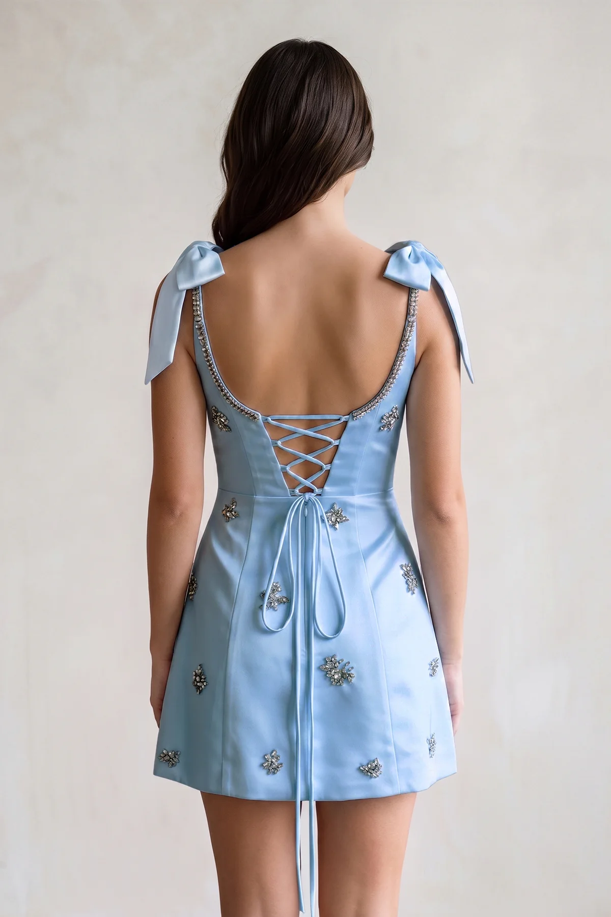 White Scoop Neck A-Line Satin Beaded Homecoming Dress with Bow