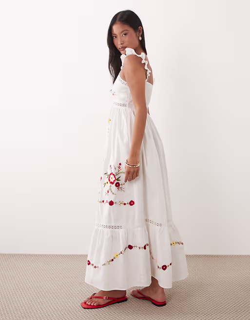 Miss Selfridge Petite lace insert embroidered maxi dress in white