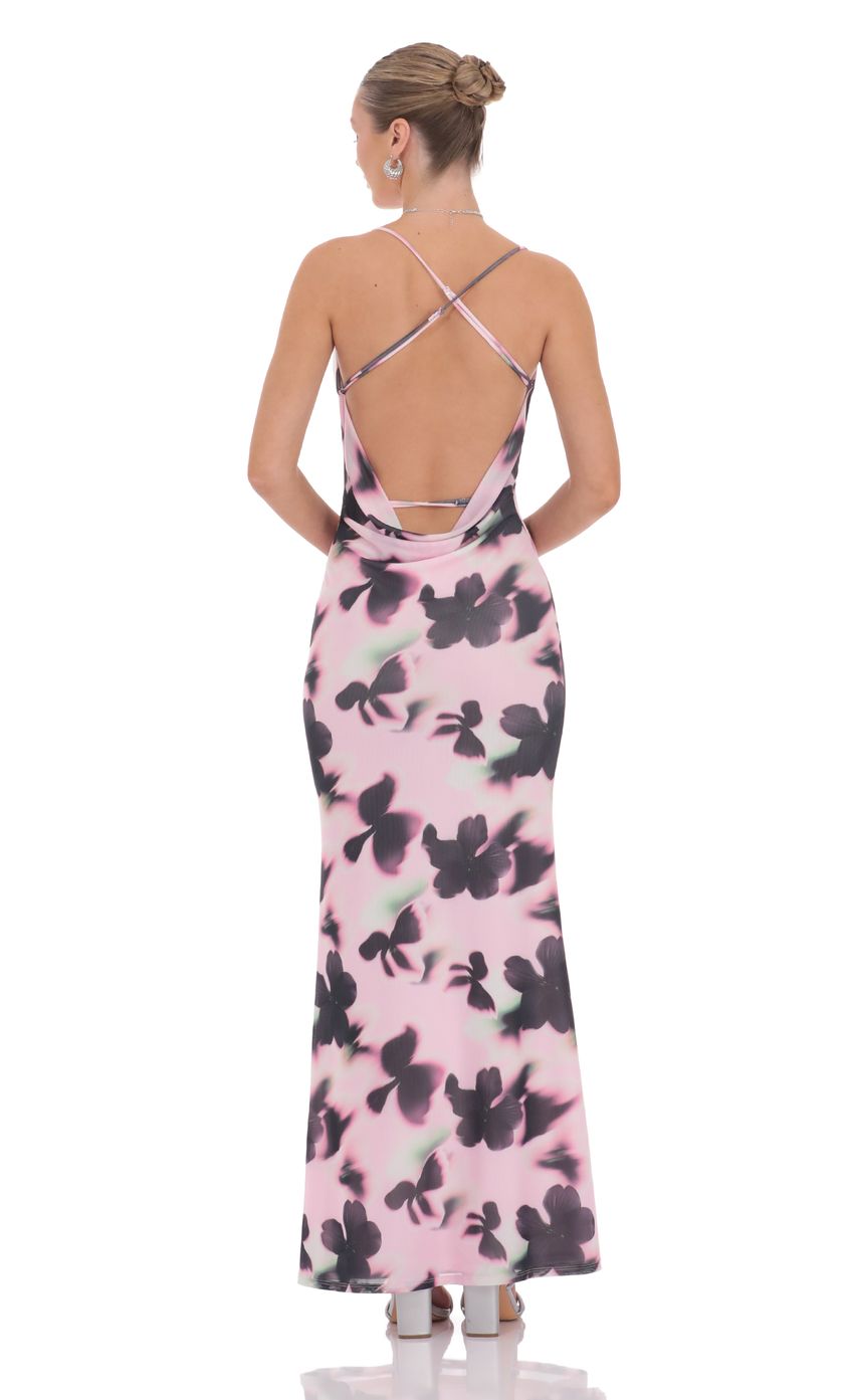 Mesh Lilly Print Cowl Neck Maxi Dress in Pink