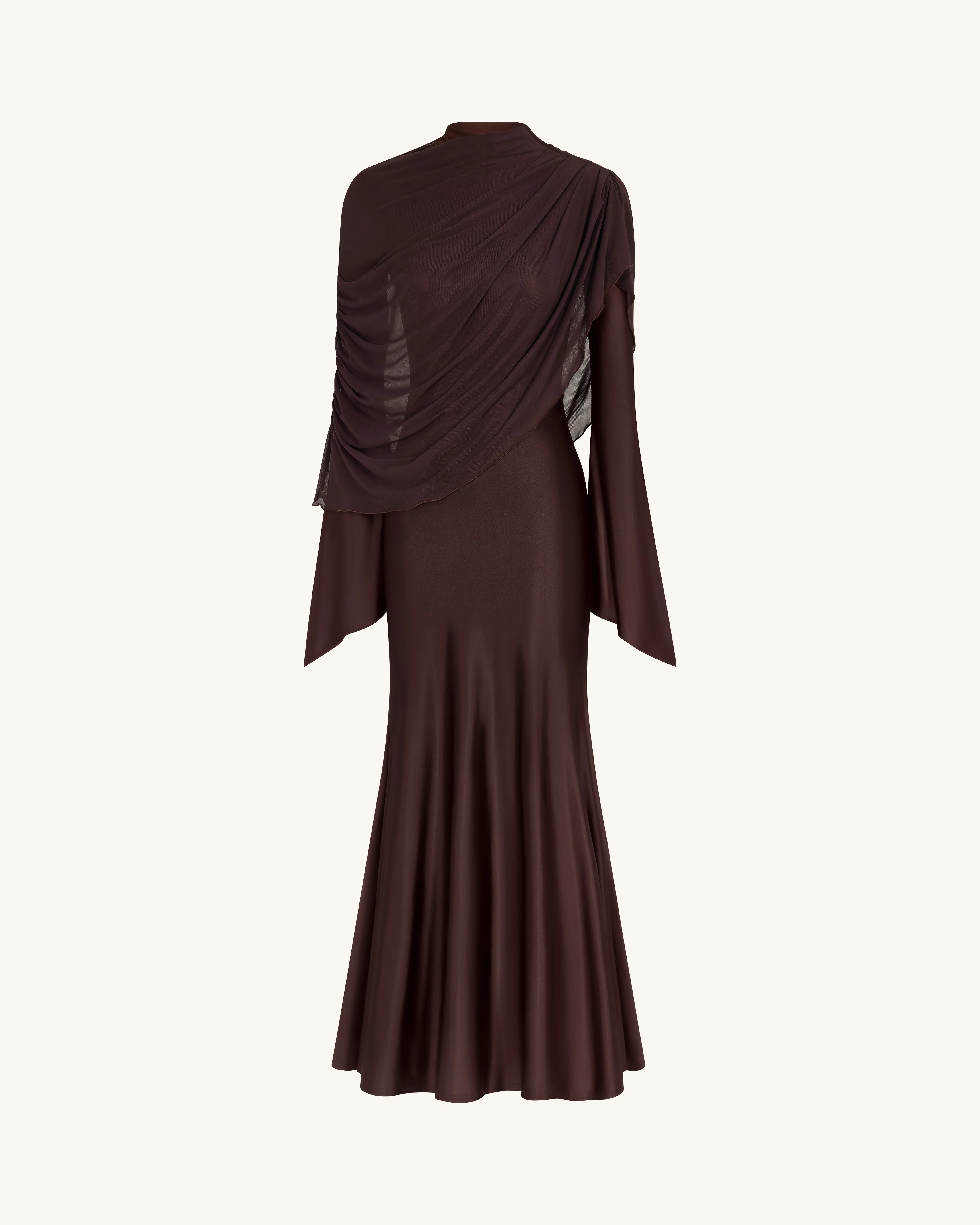 Sheer Shawl Ruched Bodycon Maxi Gown - Brown - FASHION NOB