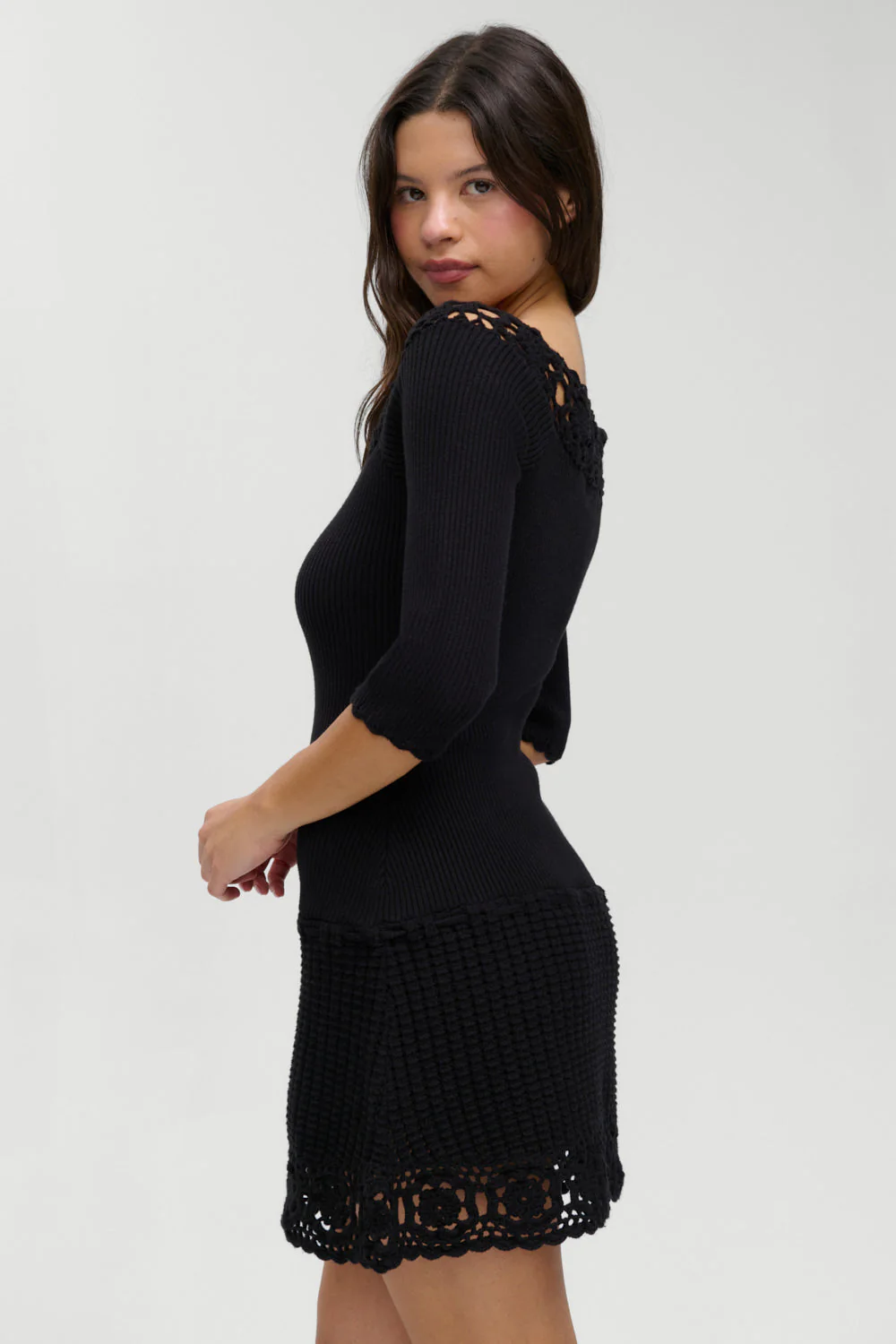 Kaia Crochet Knit Mini Dress - Black