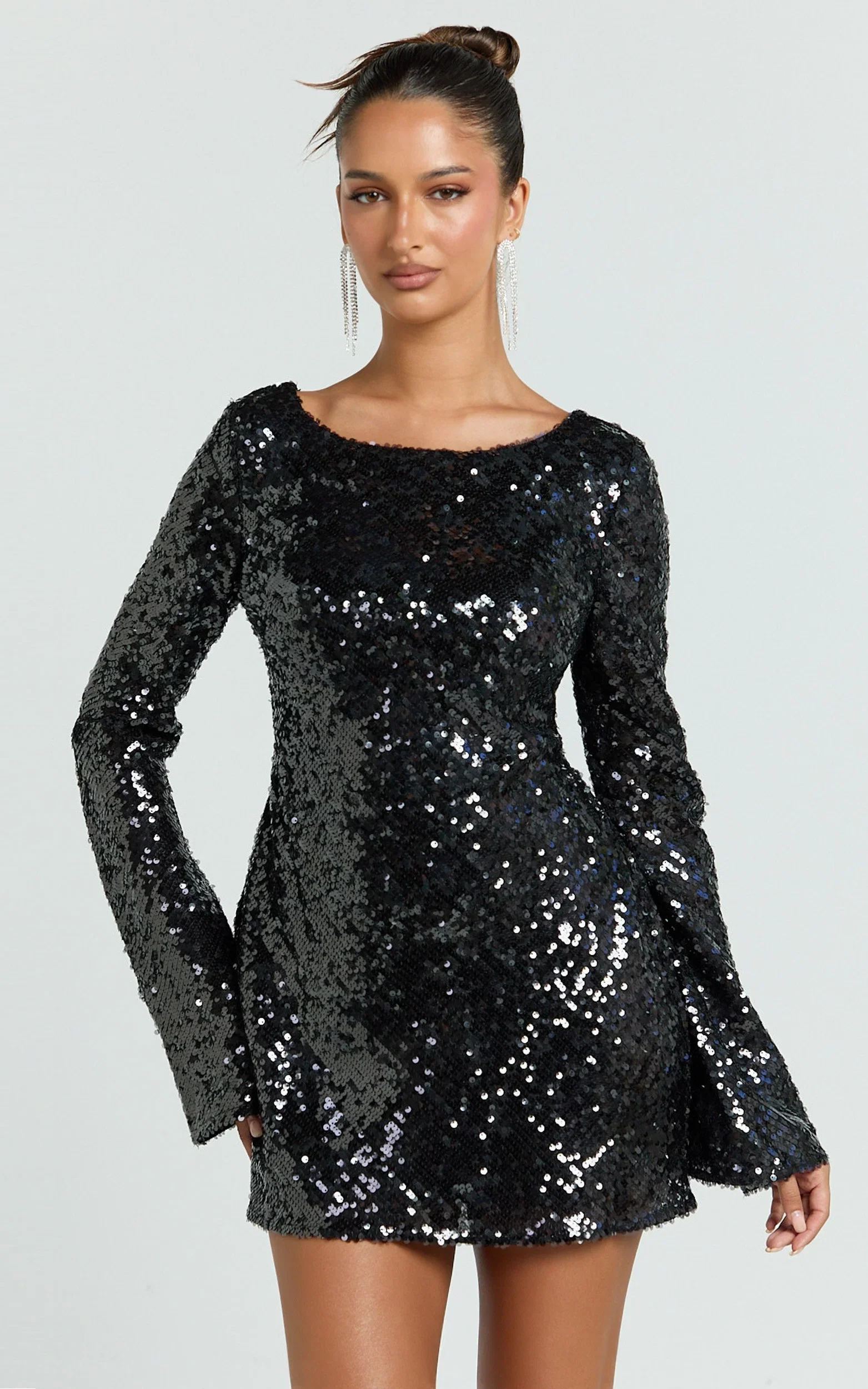 Bertina Mini Dress - Sequin Scoop Neck Low Back Dress in Black