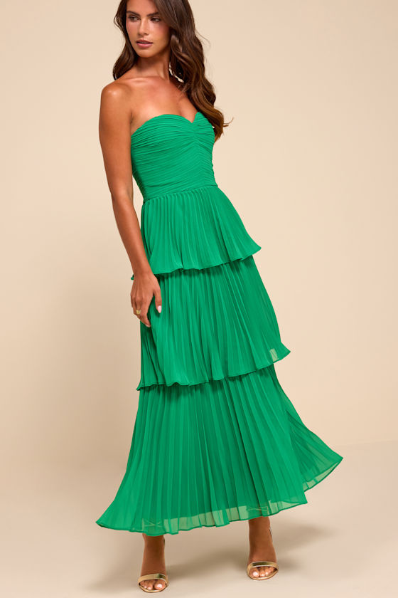 Seriously Sensational Green Strapless Tiered Midi Dress