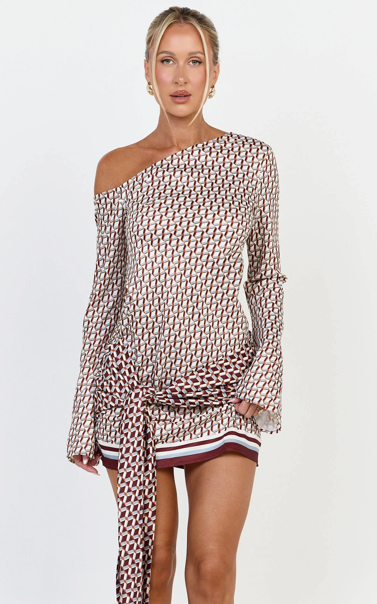 Noelle Mini Dress - Geo Print Off Shoulder Tie Front Dress in Geo Border Print