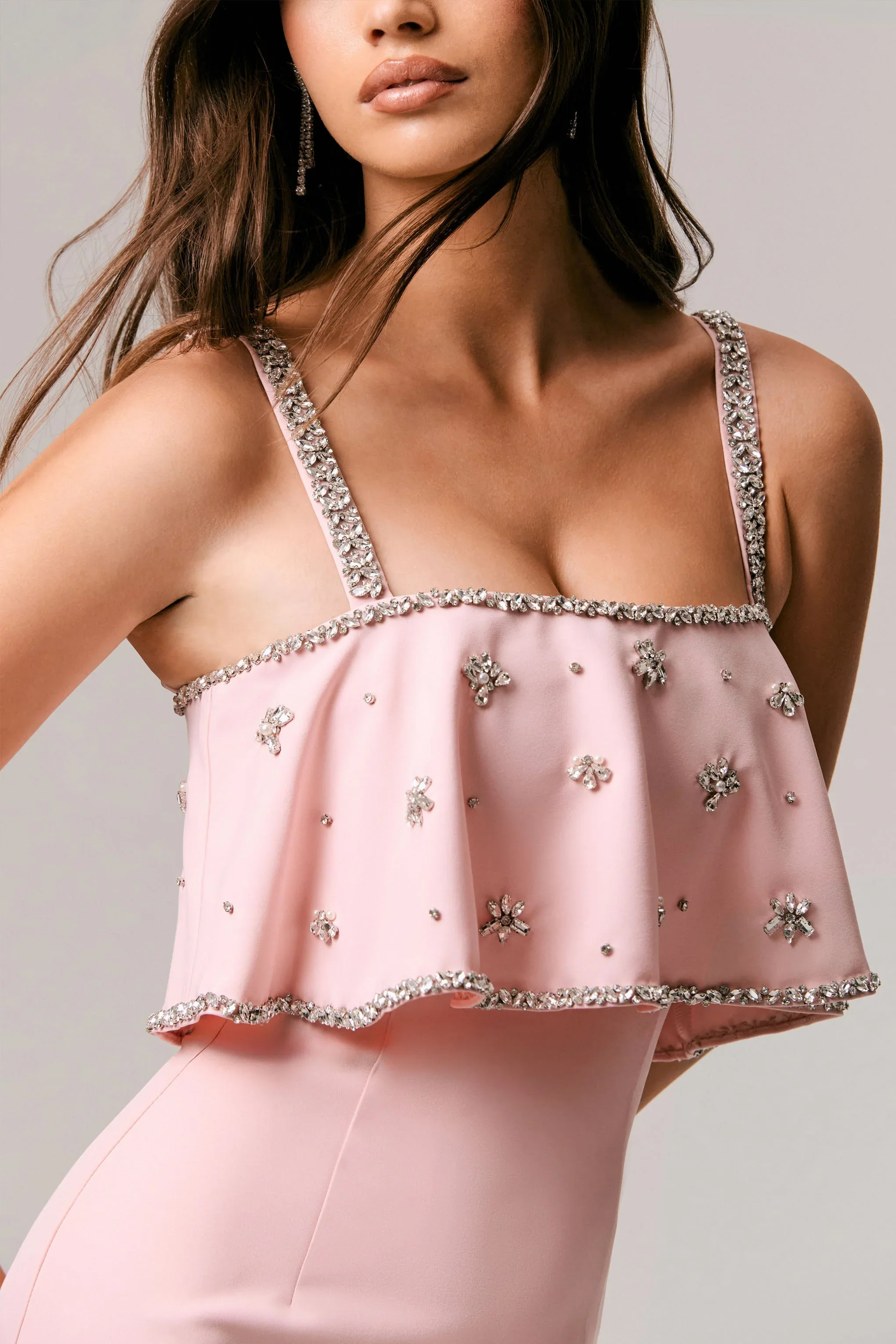 Scarlet | Pale Pink Square-Neck Embellished Maxi Dress