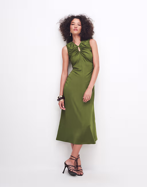 & Other Stories ruched sleeveless midi dress with keyhole in green