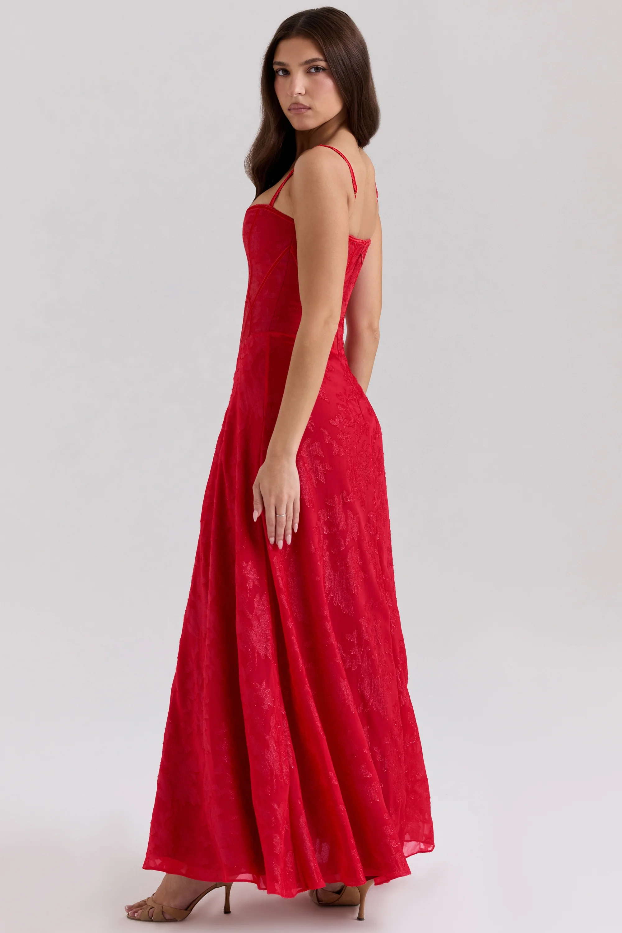 Red Lurex Chiffon Maxi Dress
