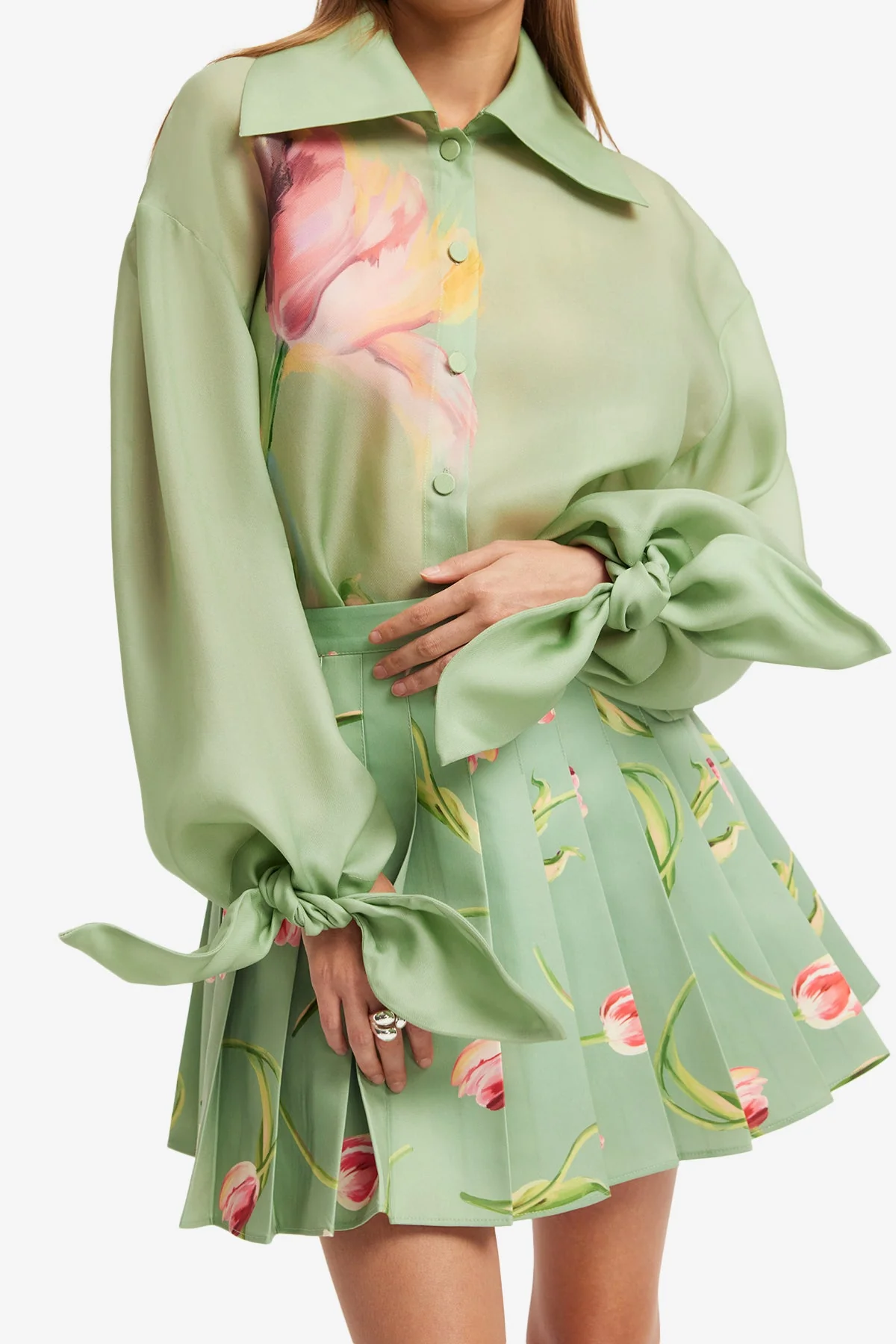 Melody Pleated Mini Skirt - Tulip Print in Green