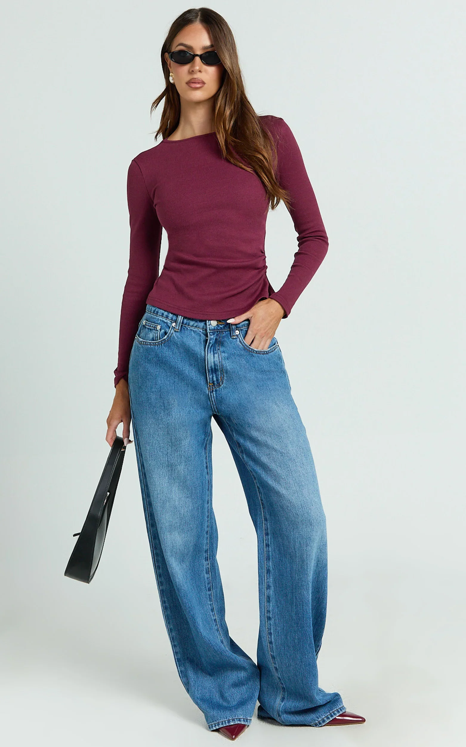 Alyse Top - Ribbed Long Sleeve Ruched Top in Wine