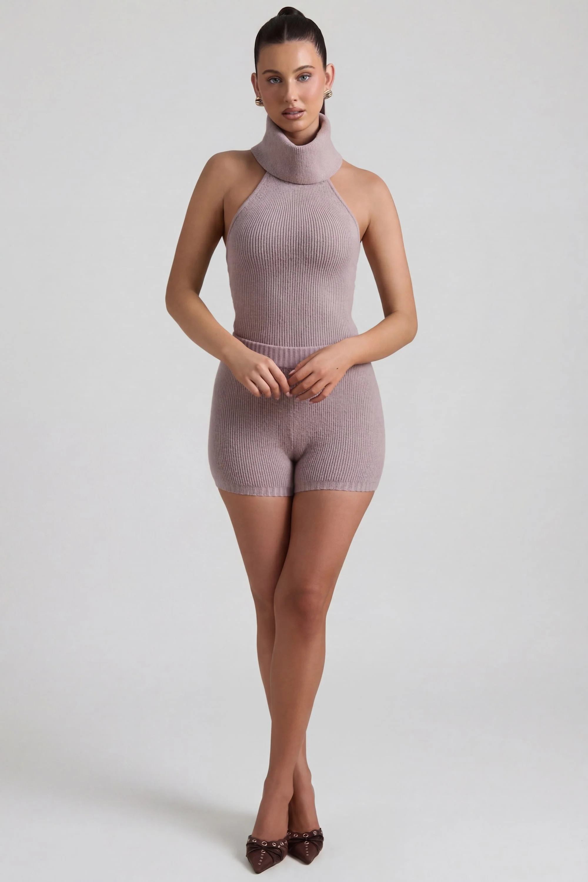Ribbed-Knit Turtleneck Backless Top in Taupe