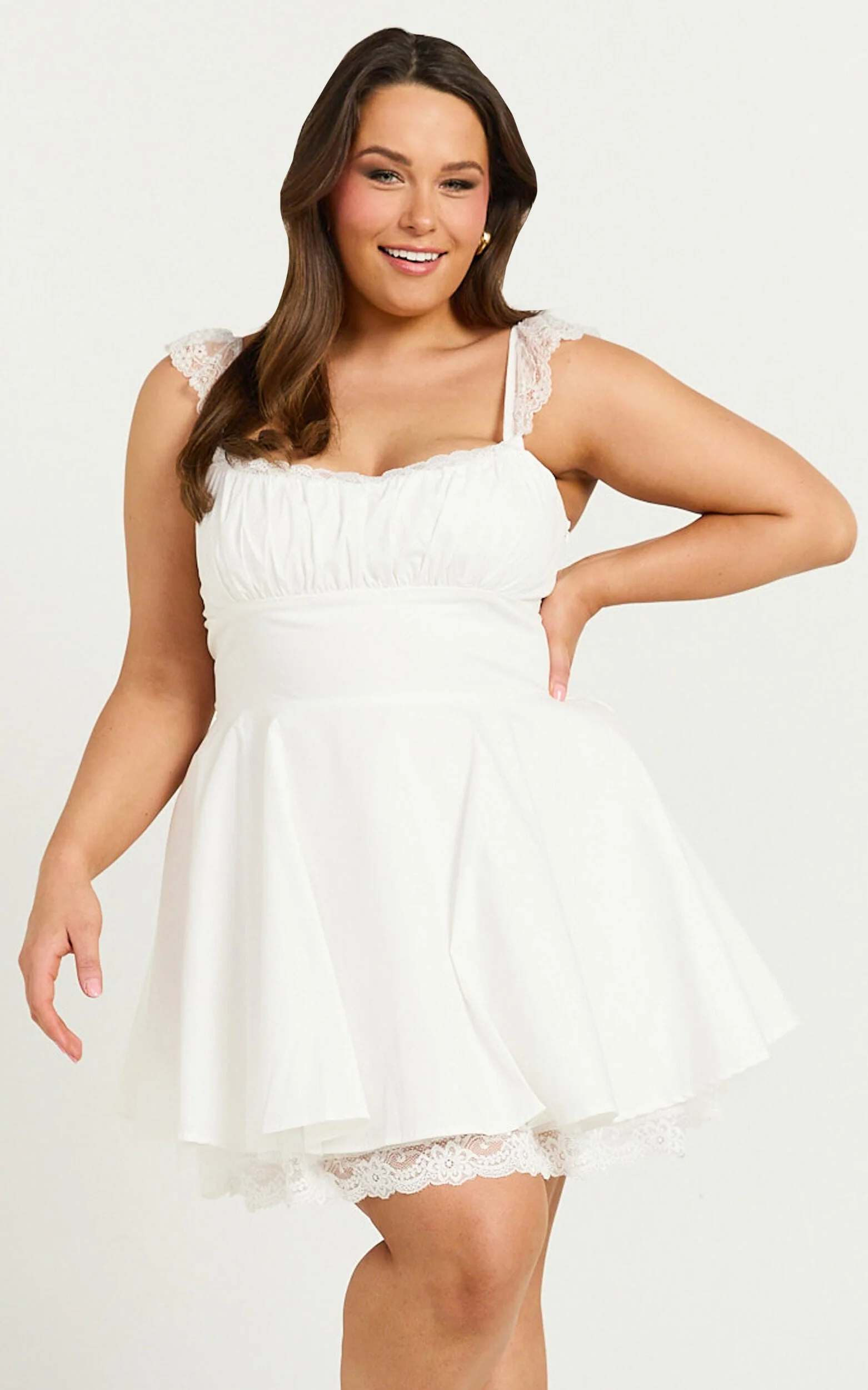 Adalee Mini Dress - Sleeveless Ruched Bodice Lace Trim Dress in Off White - luluinthesky