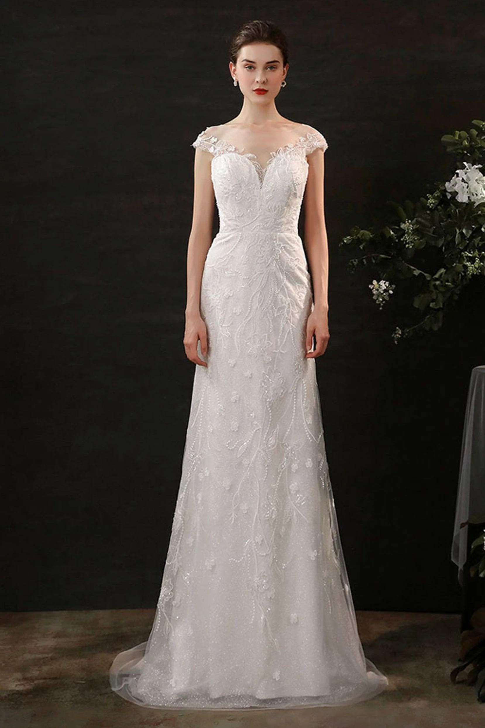 Sheath Sweep-Brush Train Lace Tulle Wedding Dress CW2700