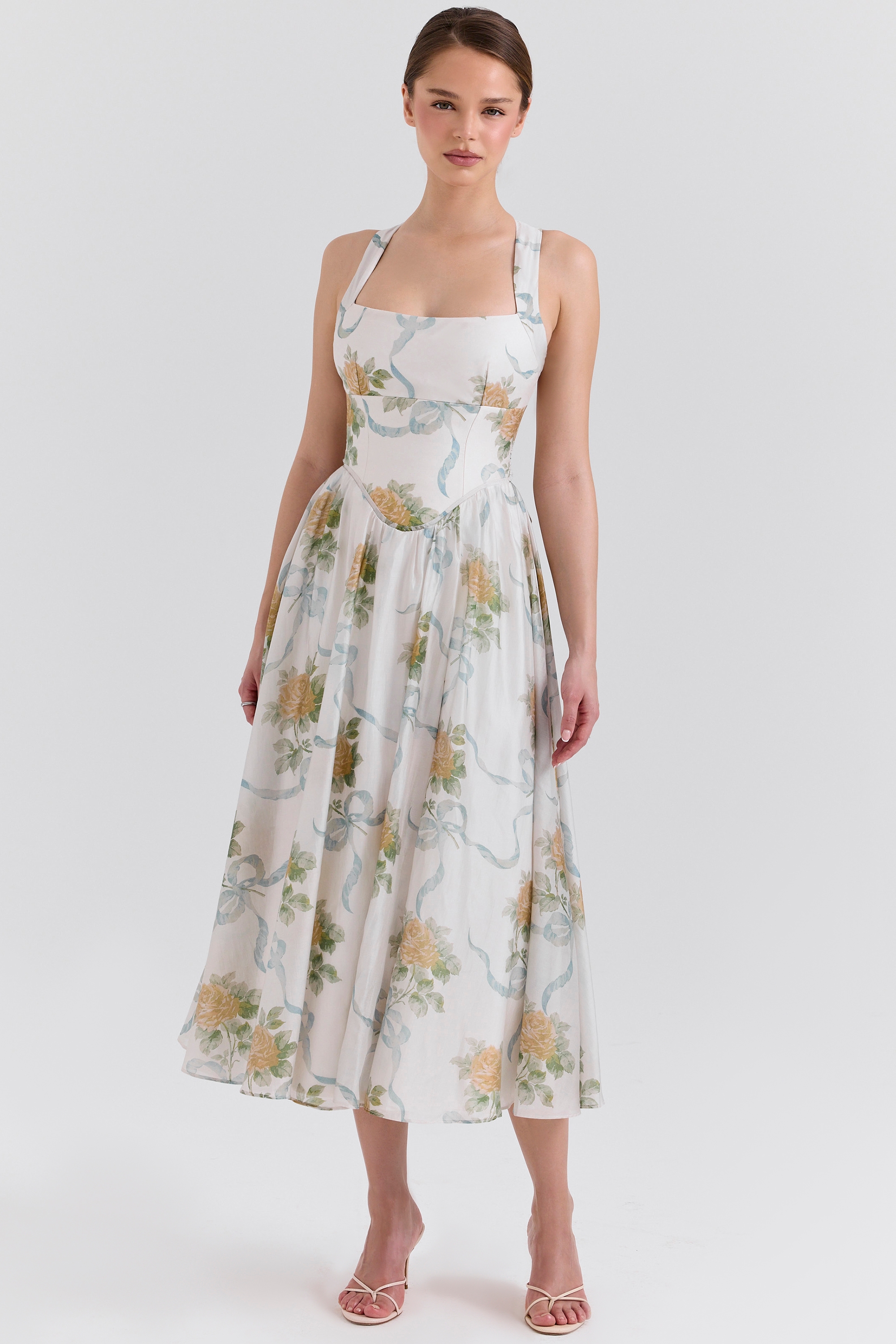 soft blue vintage ribbon print chiffon midi dress