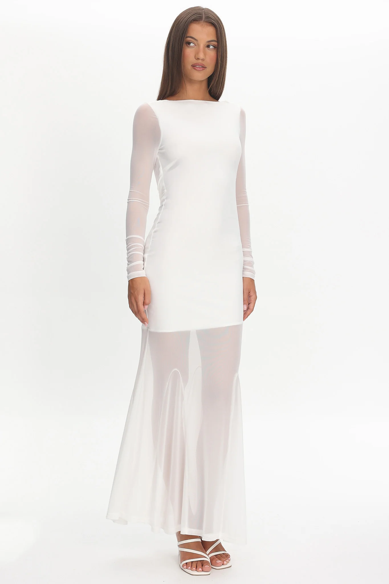 Lustre Long Sleeve Open Back Maxi Dress White