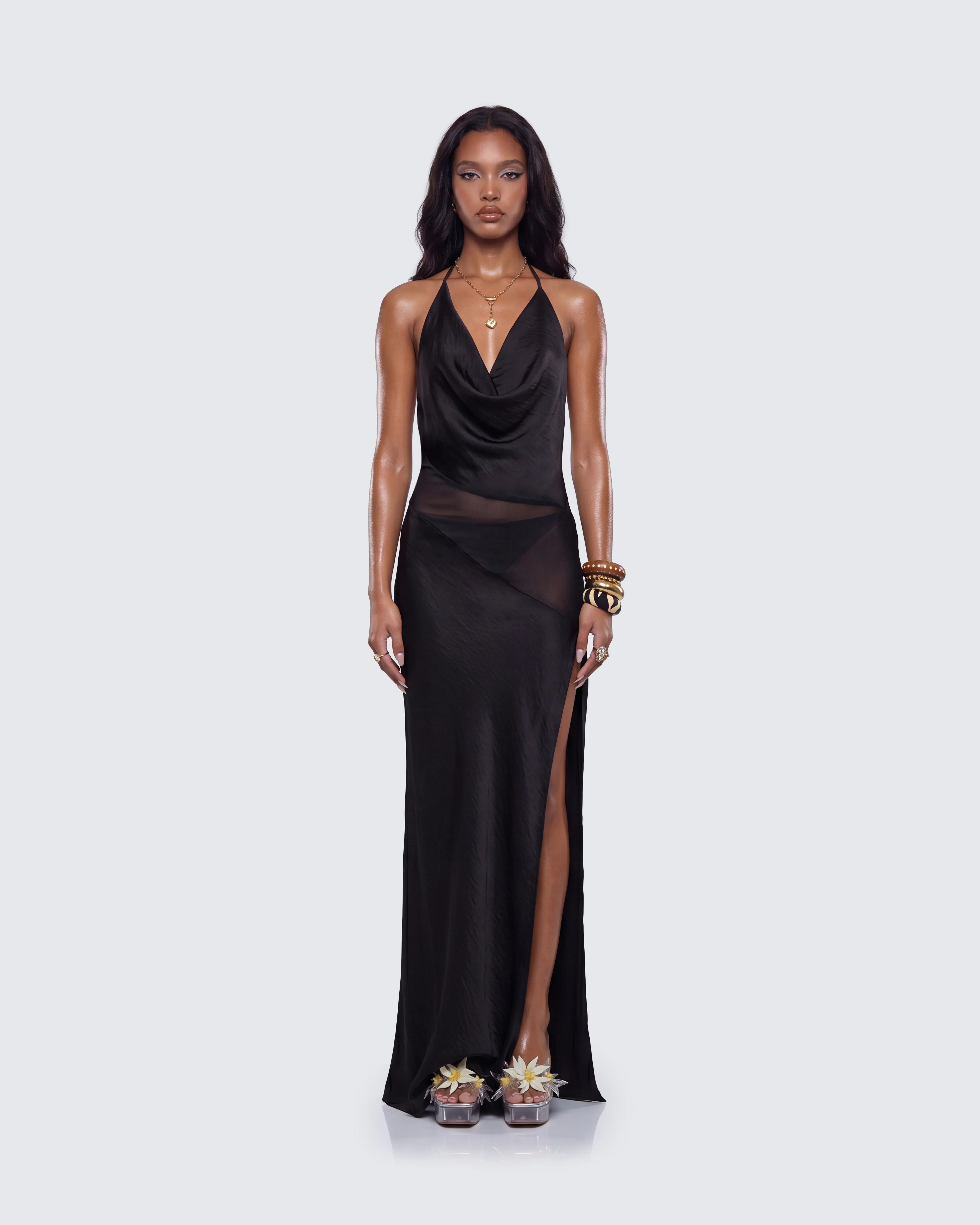 Daryl Black Matt Satin & Georgette Maxi Dress