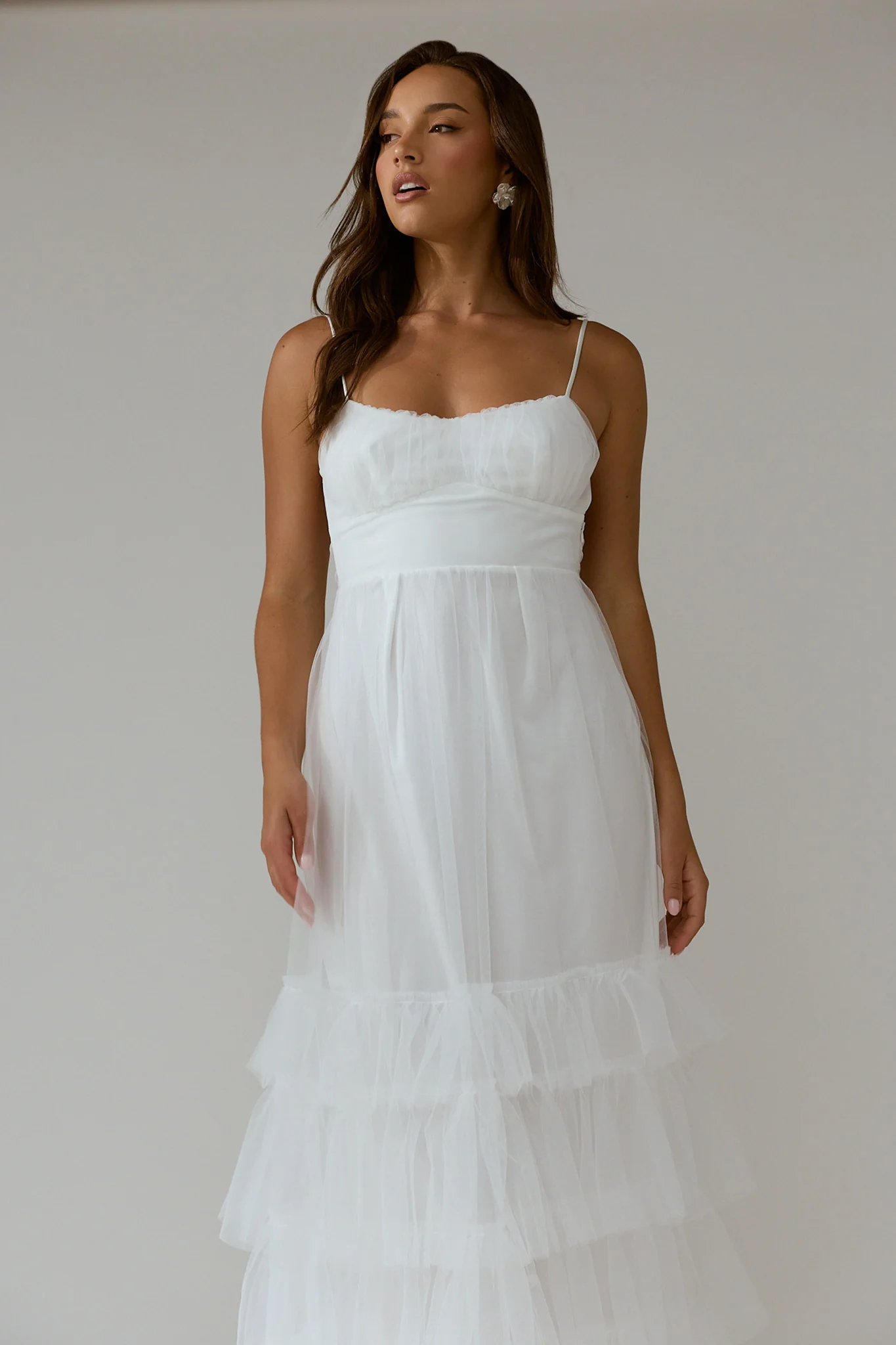 Nerida Twist Back Frill Trim Mesh Maxi Dress White