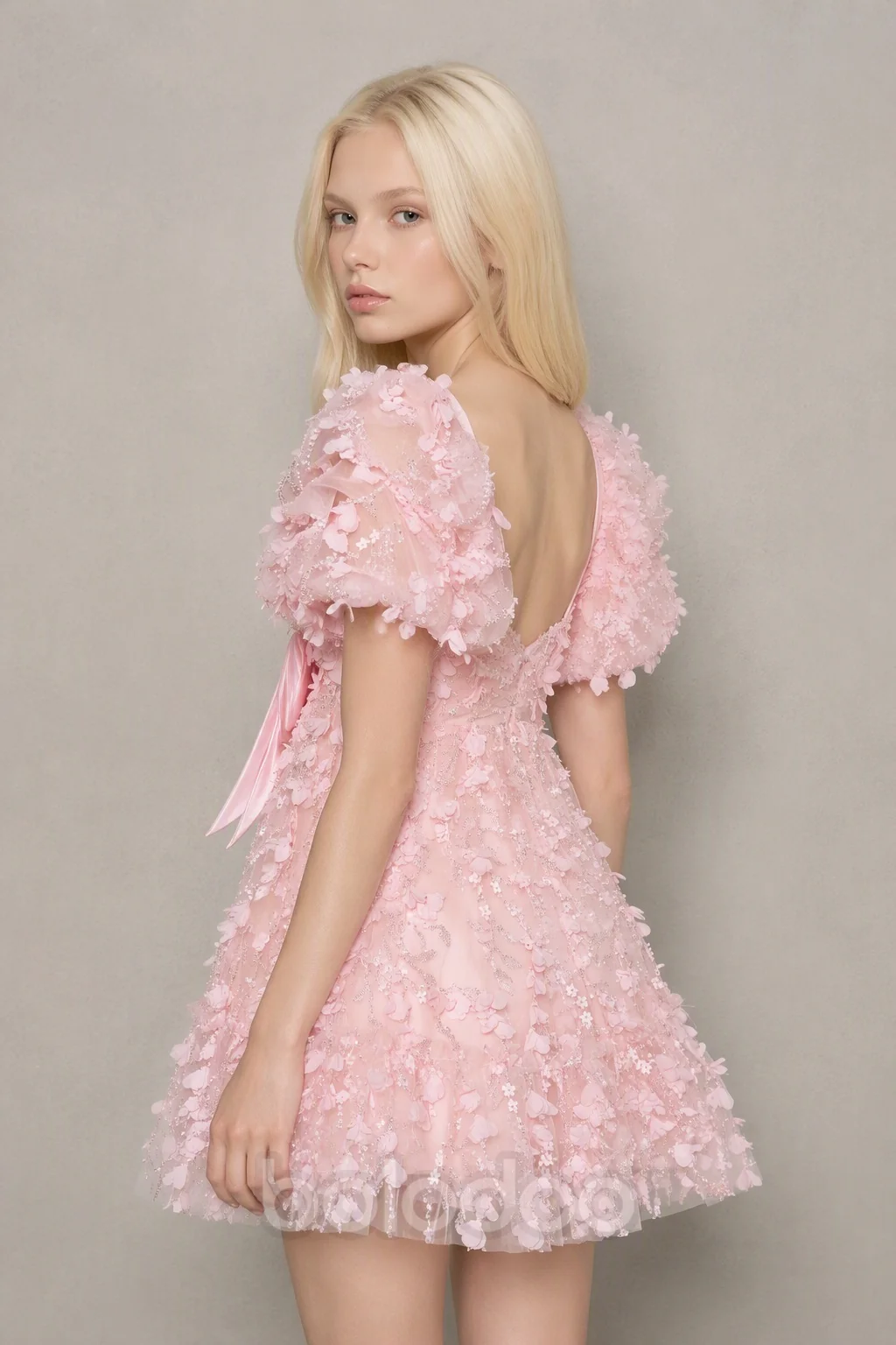 BOLODOO Blush Pink 3D Floral Sequin Puff-Sleeve Bow Tulle Mini Dress