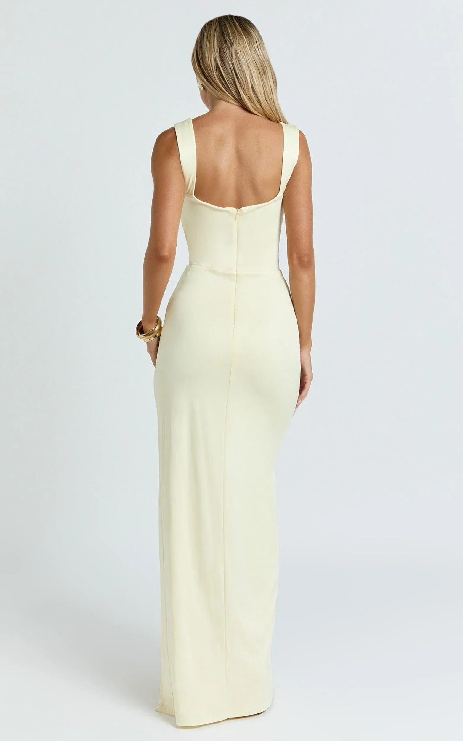 Donna Maxi Dress - Cowl Neck Column High Split Dress in Lemon