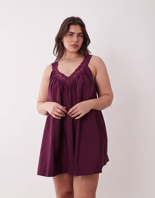 Curve v-neck poplin mini smock sundress with lace overlay in plum wine