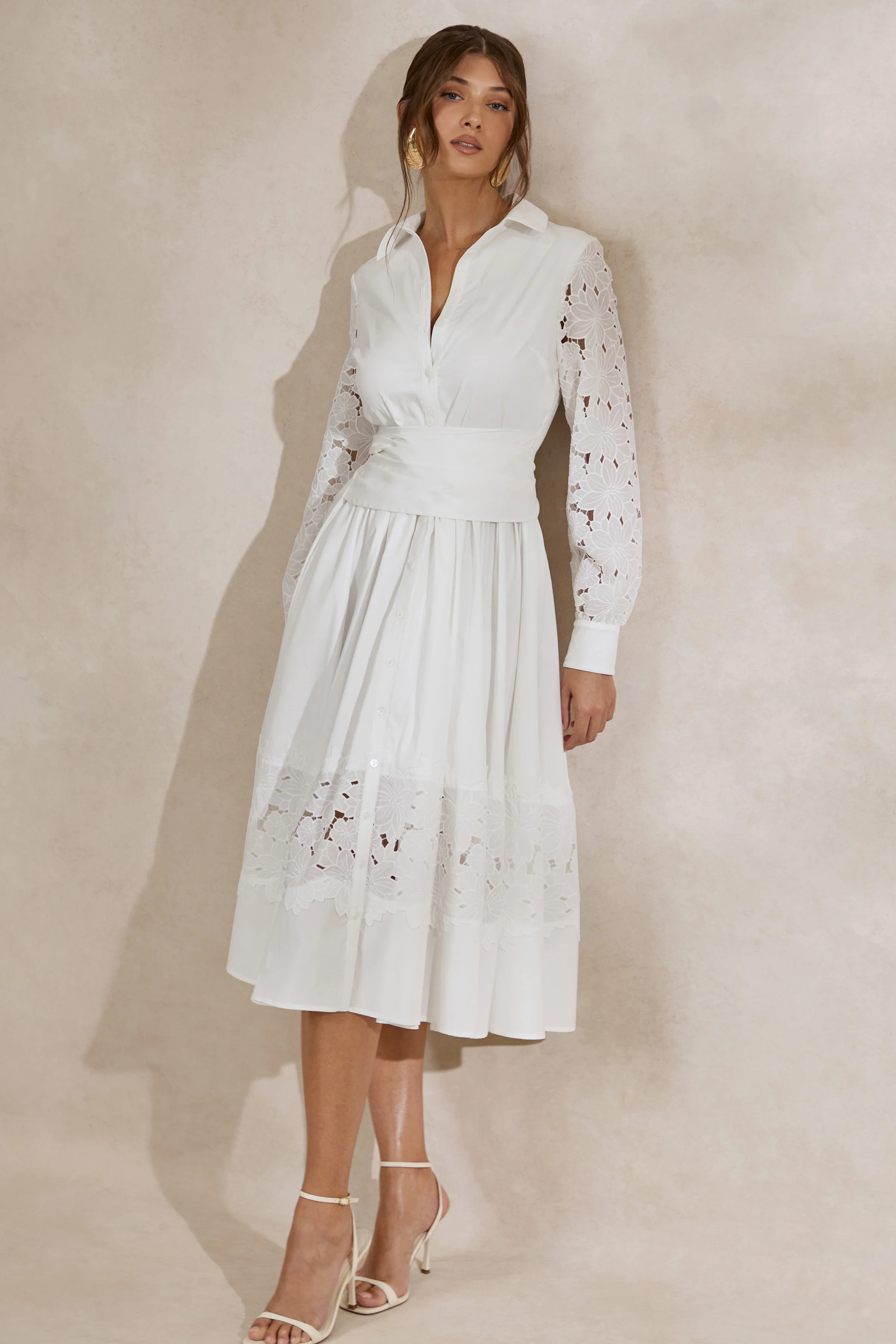 Zalynne | White Broderie Collared-Neck Midi Dress